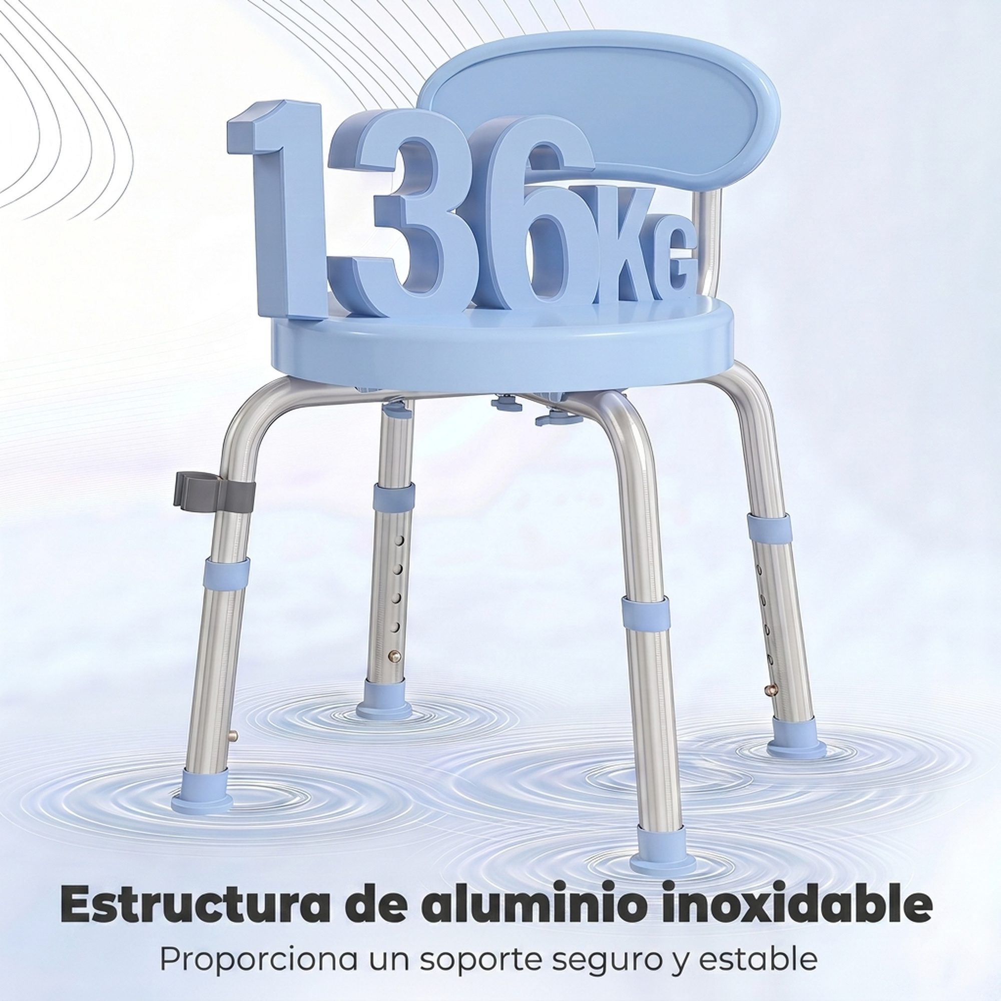 Un taburete de ducha azul con patas de aluminio y el texto 136kg en el asiento.