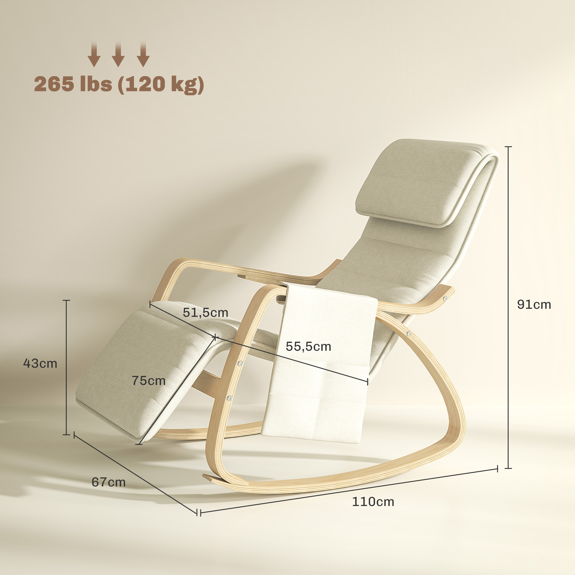 Tumbona mecedora de madera beige con dimensiones y capacidad de peso.