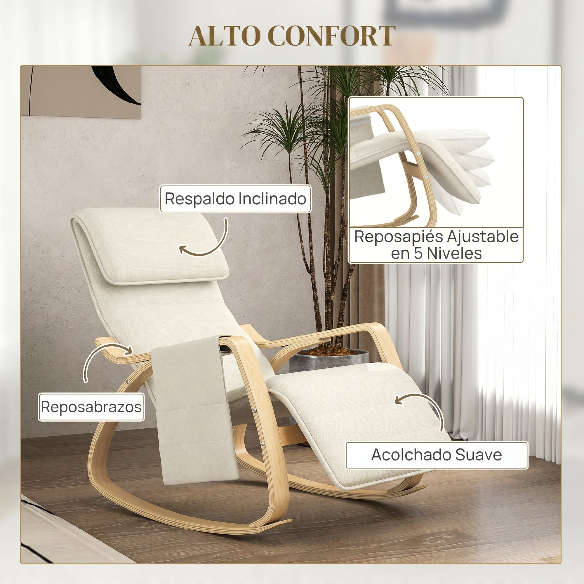 Mecedora beige con marco de madera, reposapiés ajustable, cojines y bolsillo lateral en habitación luminosa.