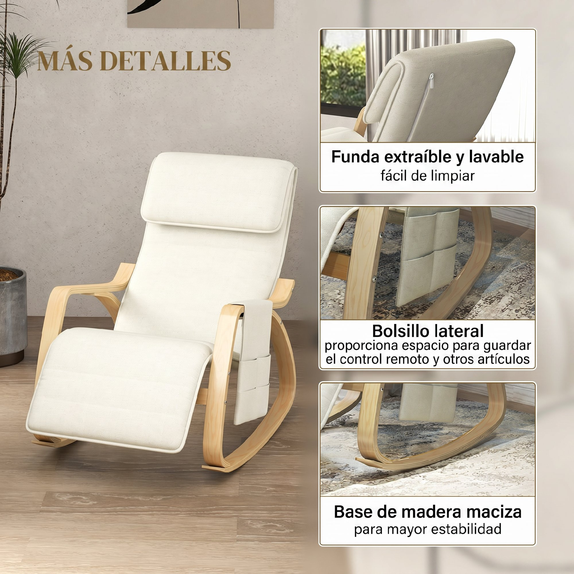 Una mecedora color crema con estructura de madera, bolsillos laterales y funda extraíble, con detalles.