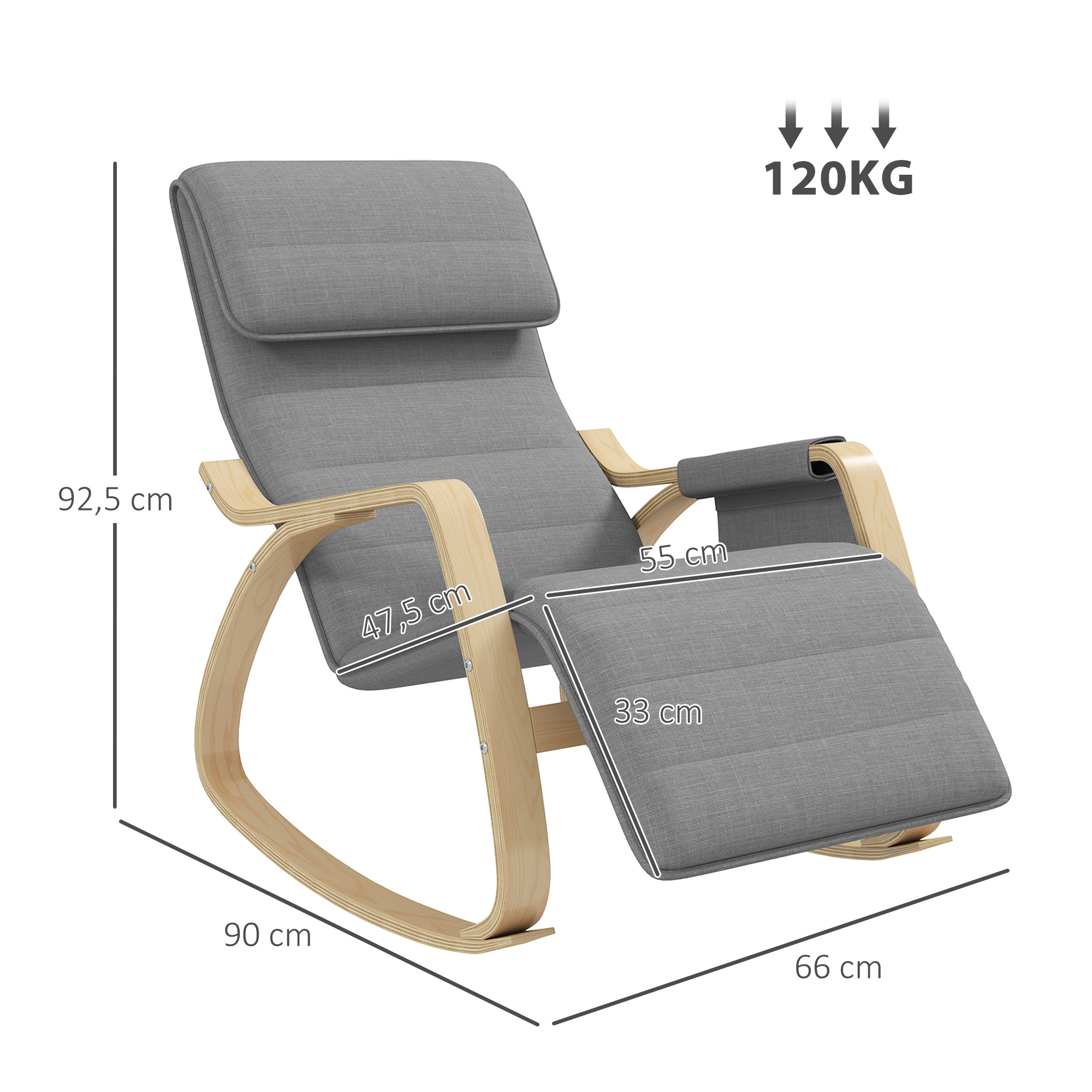 Mecedora gris con estructura de madera, dimensiones y 120 kg de capacidad.