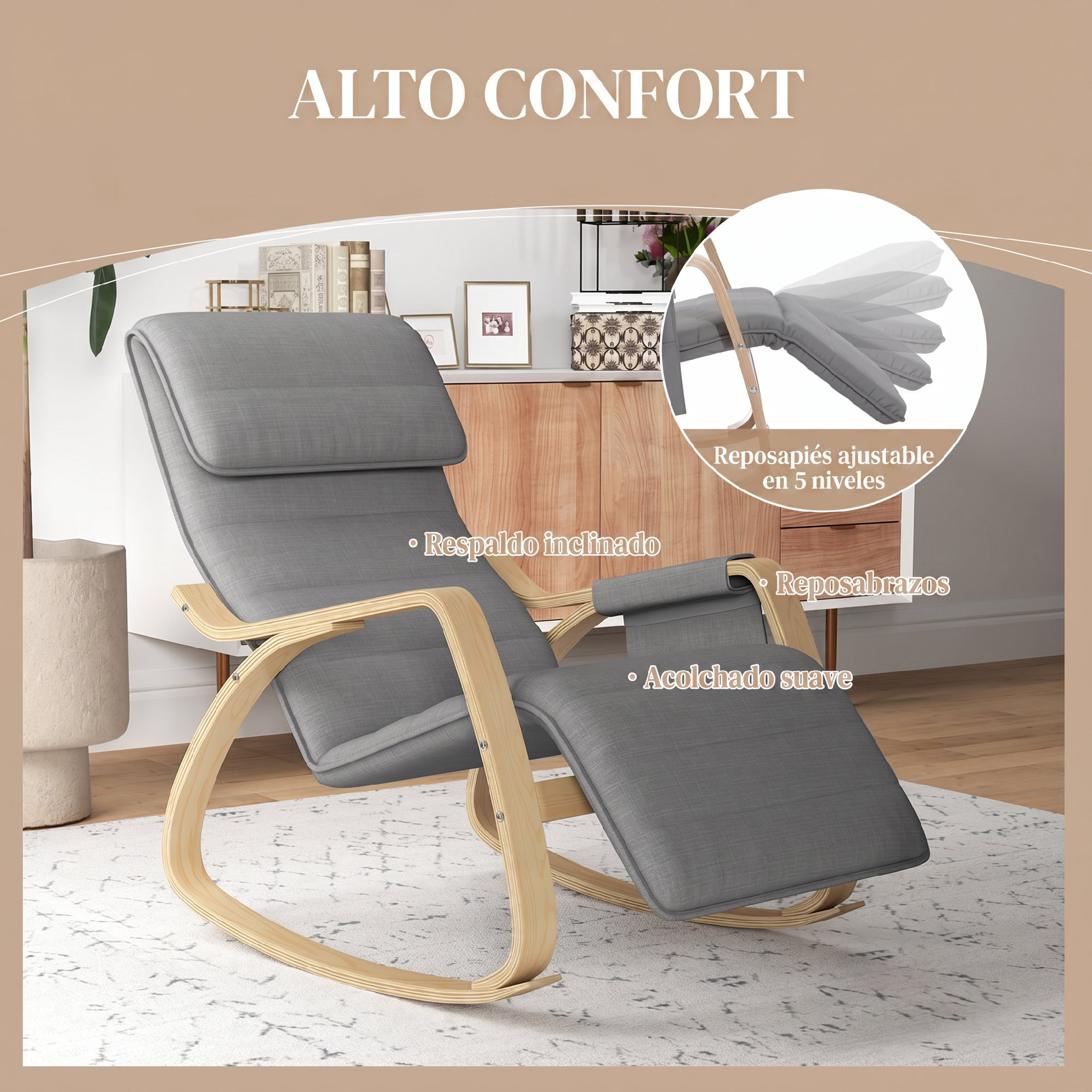 Mecedora gris con estructura de madera, acolchado suave y reposapiés ajustable frente a un aparador.