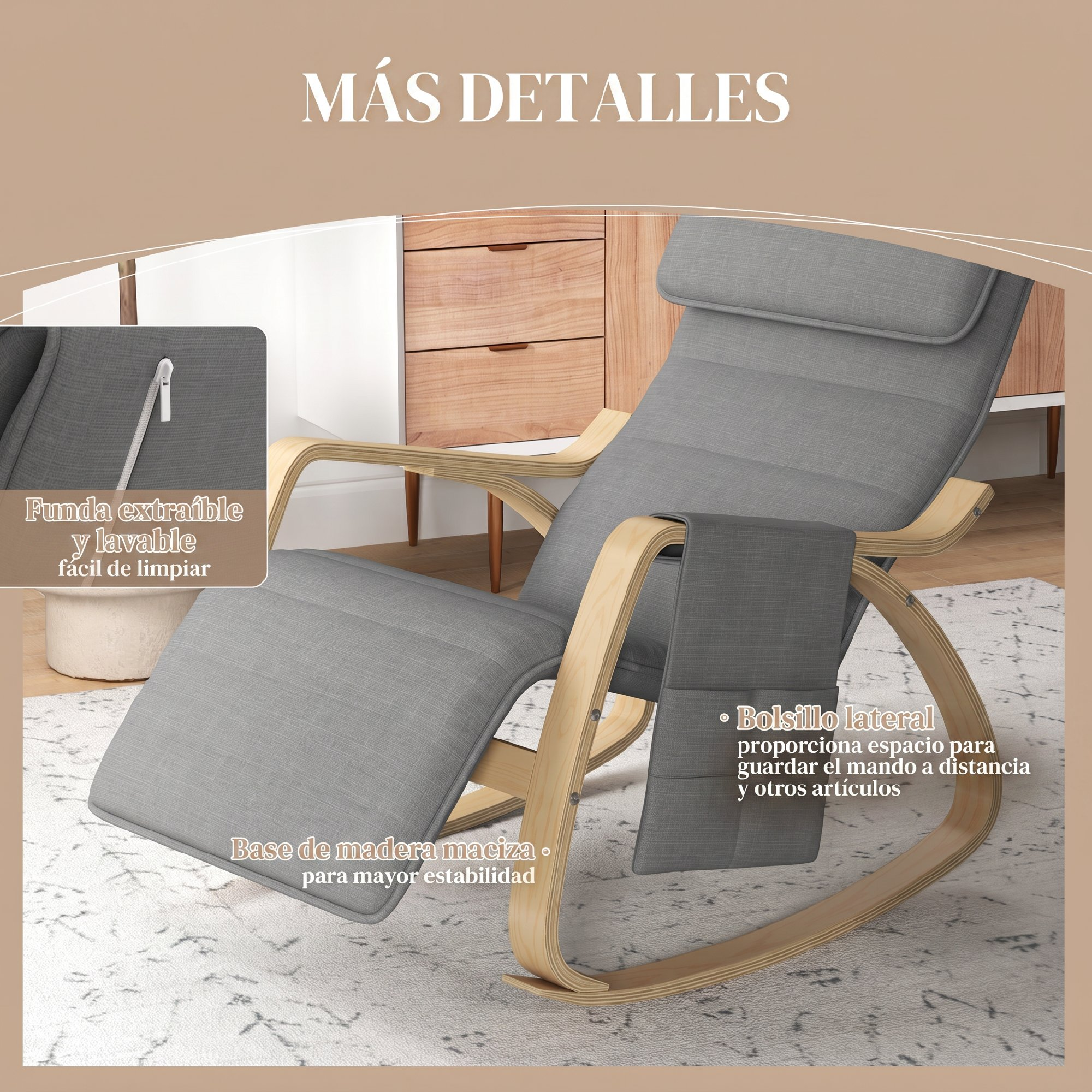 Mecedora gris con estructura de madera, bolsillo lateral y funda extraíble en una habitación.