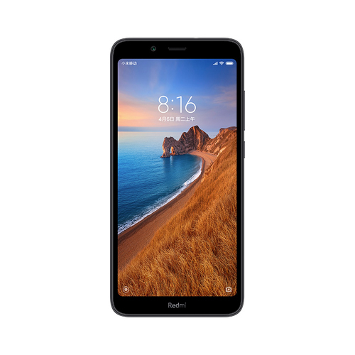 Uno smartphone nero mostra uno sfondo con un paesaggio costiero sullo schermo.