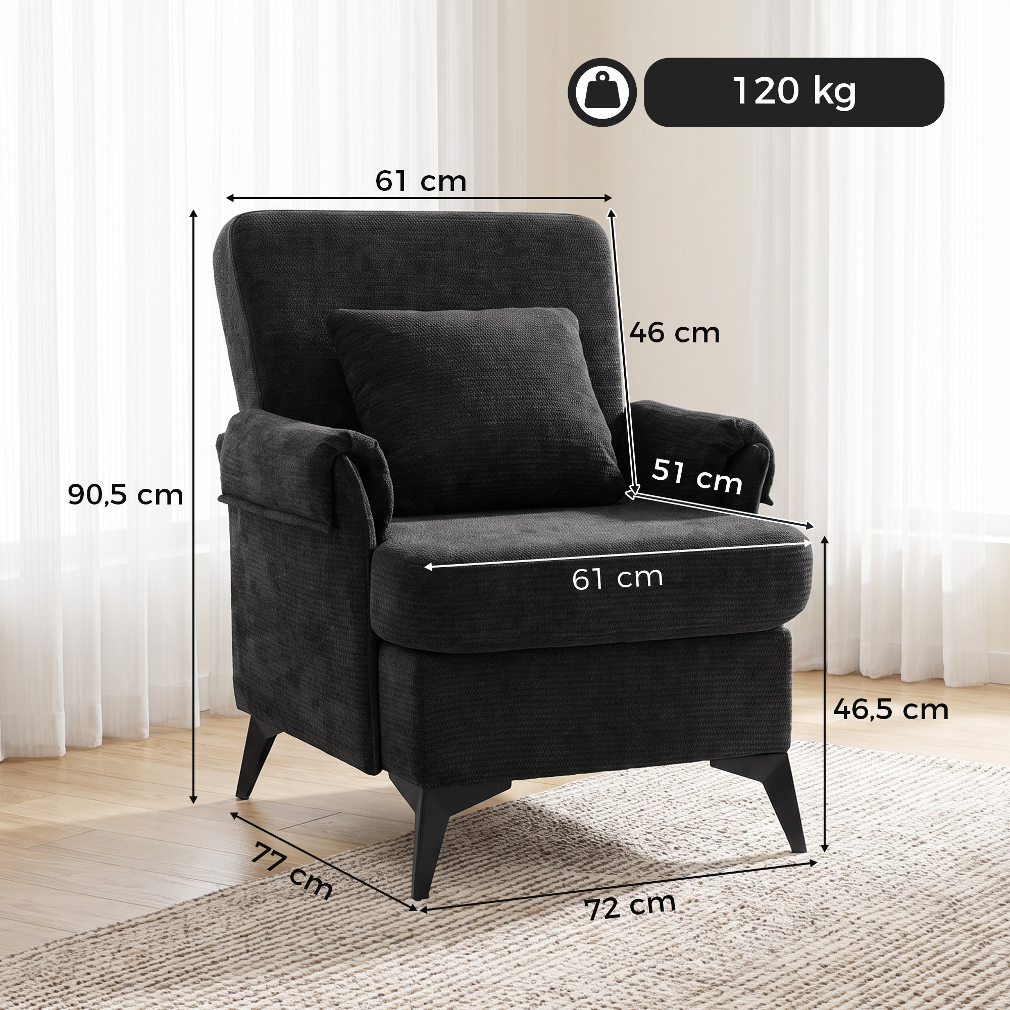 Sillón gris oscuro sobre alfombra con medidas y límite de peso de 120 kg.