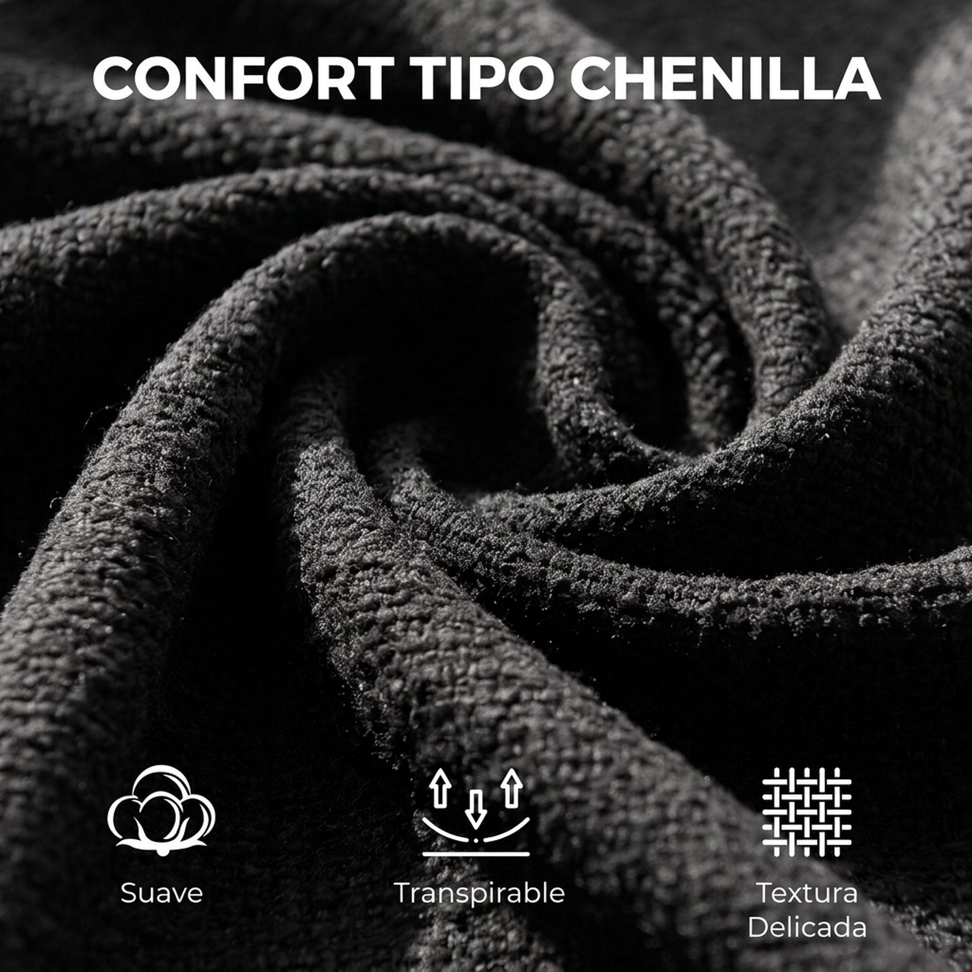 Tela de chenilla oscura con textura suave, transpirable y delicada, con texto e iconos.