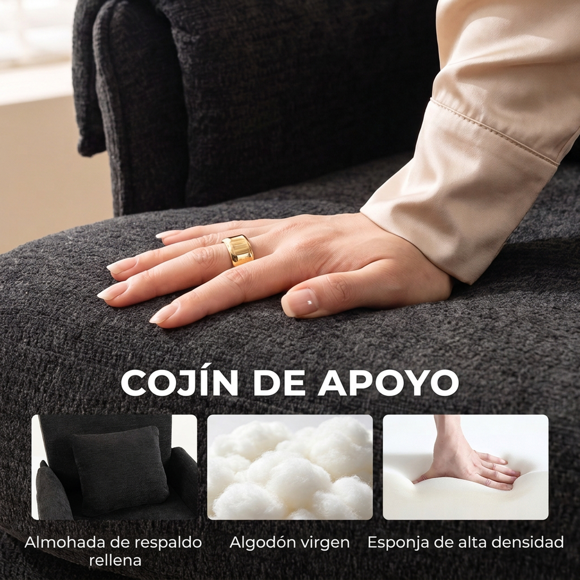Mano con anillo sobre sofá texturizado oscuro, con tres fotos de detalles de cojín, relleno y espuma.