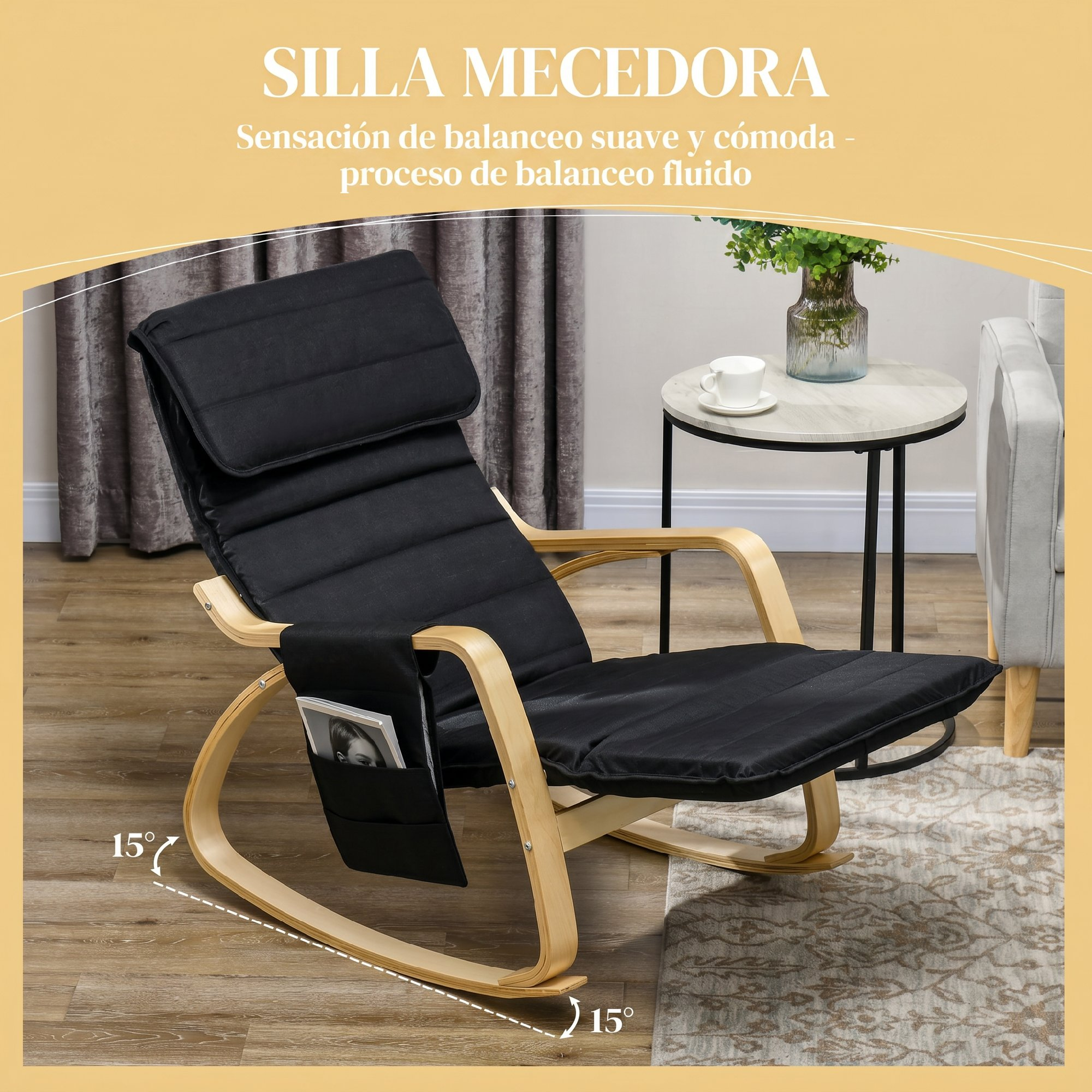 Una mecedora negra con estructura de madera y bolsillo lateral en una habitación con mesa redonda y alfombra.