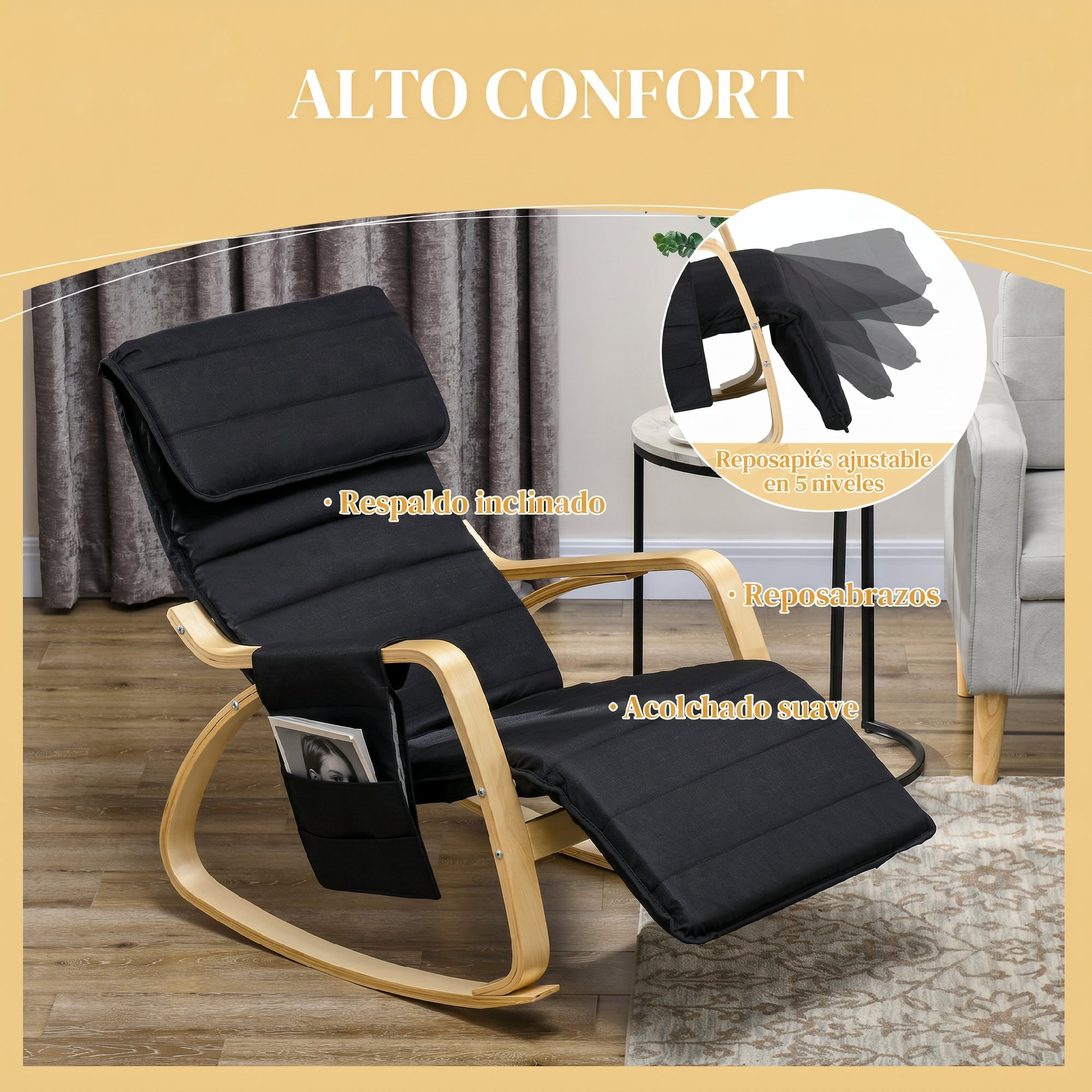 Una mecedora negra con estructura de madera, bolsillo lateral y reposapiés ajustable en una habitación.