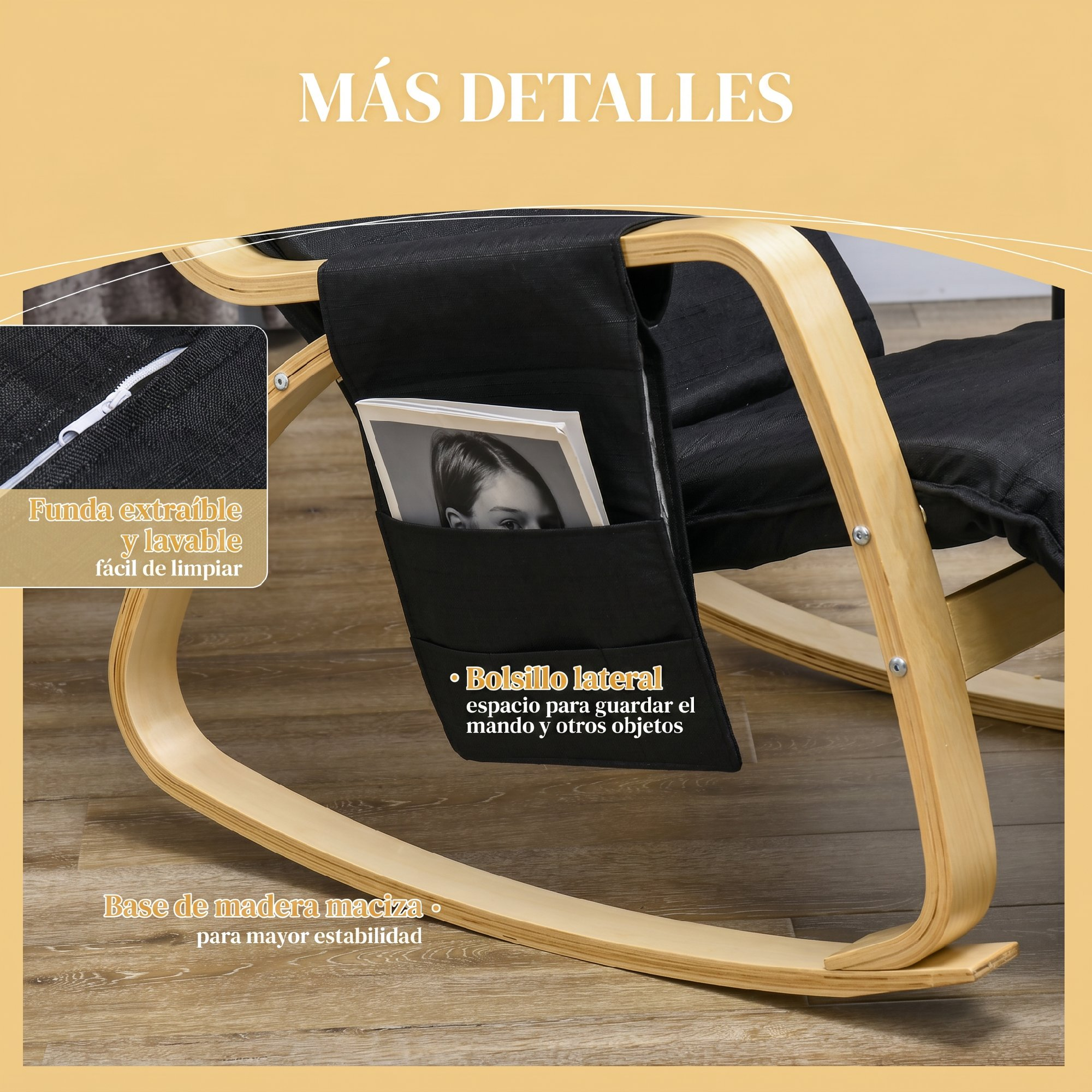 Mecedora de madera con cojín negro, bolsillo lateral con revista y funda extraíble.