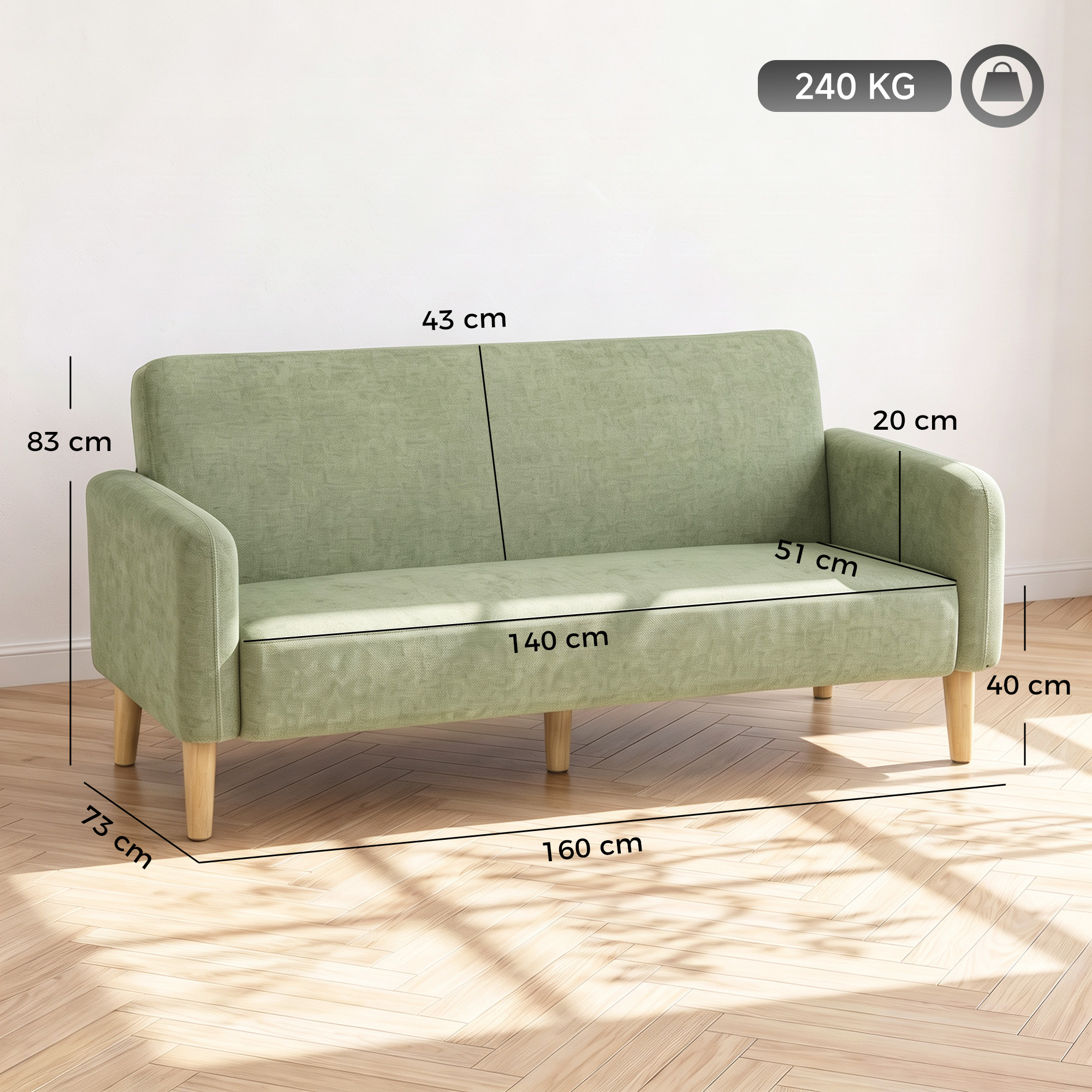Sofá verde claro en suelo de madera con dimensiones y límite de peso.