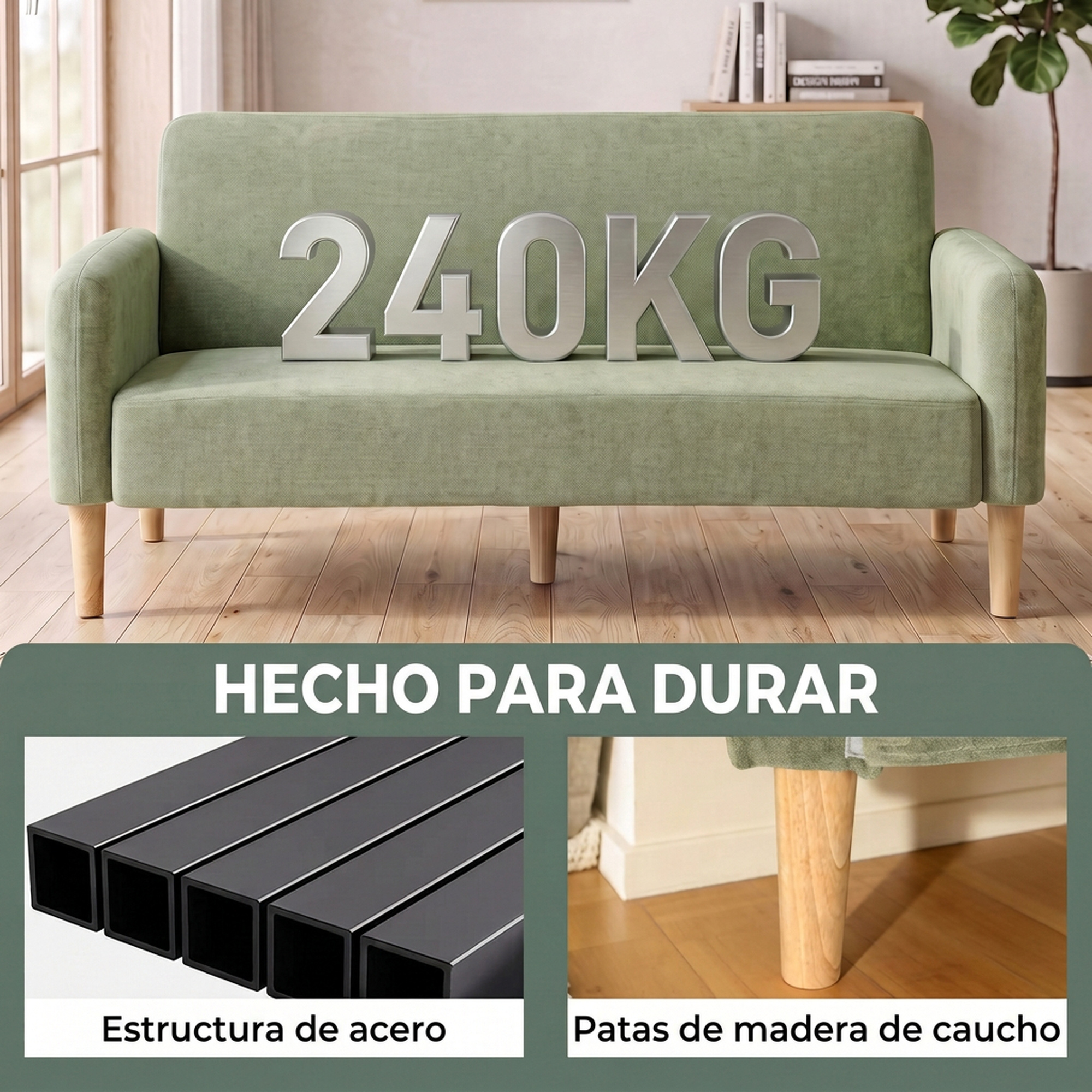 Sofá verde con estructura de acero y patas de caucho, texto: 240KG y HECHO PARA DURAR.