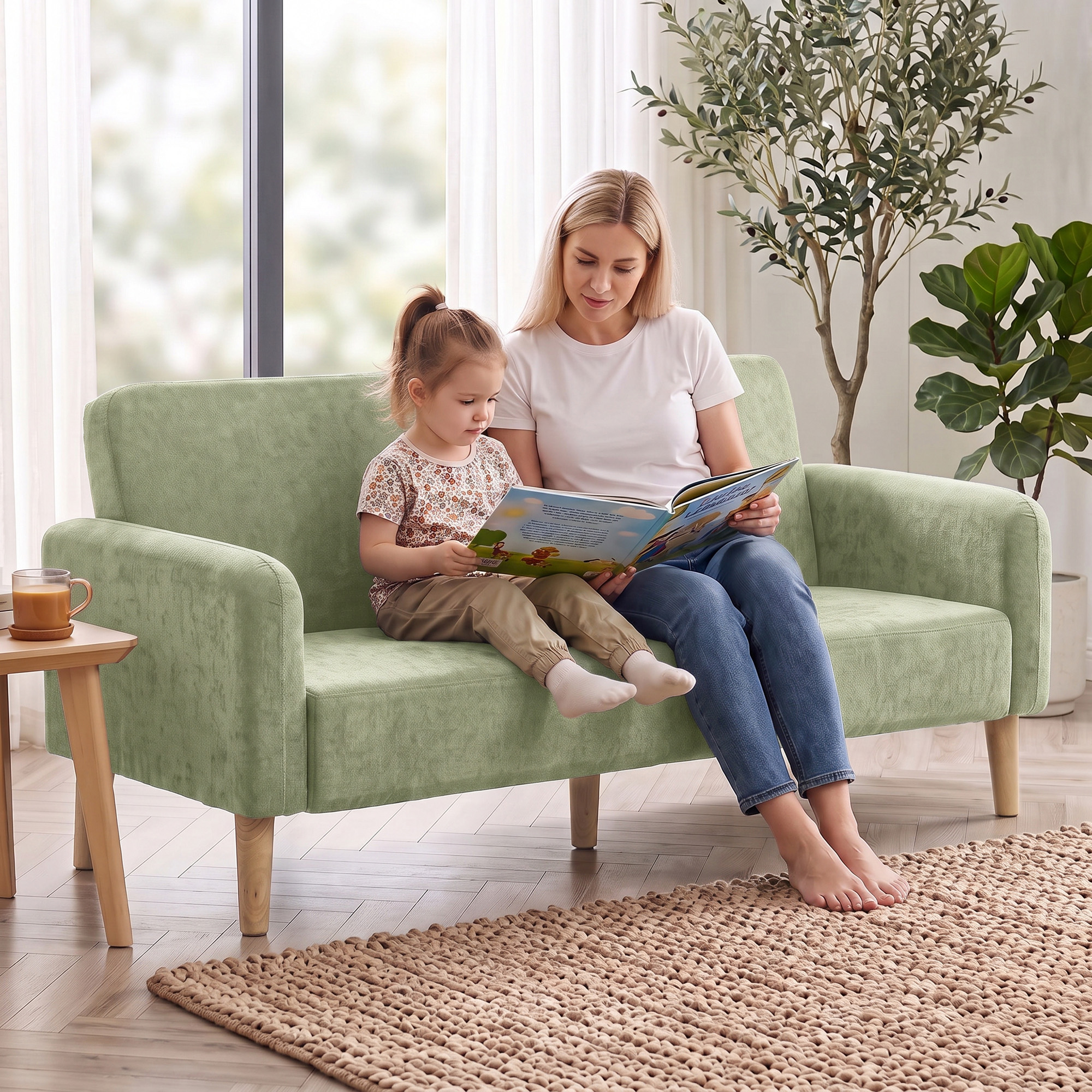 Una mujer rubia y una niña pequeña están sentadas en un sofá verde, leyendo juntas un libro ilustrado en una sala.
