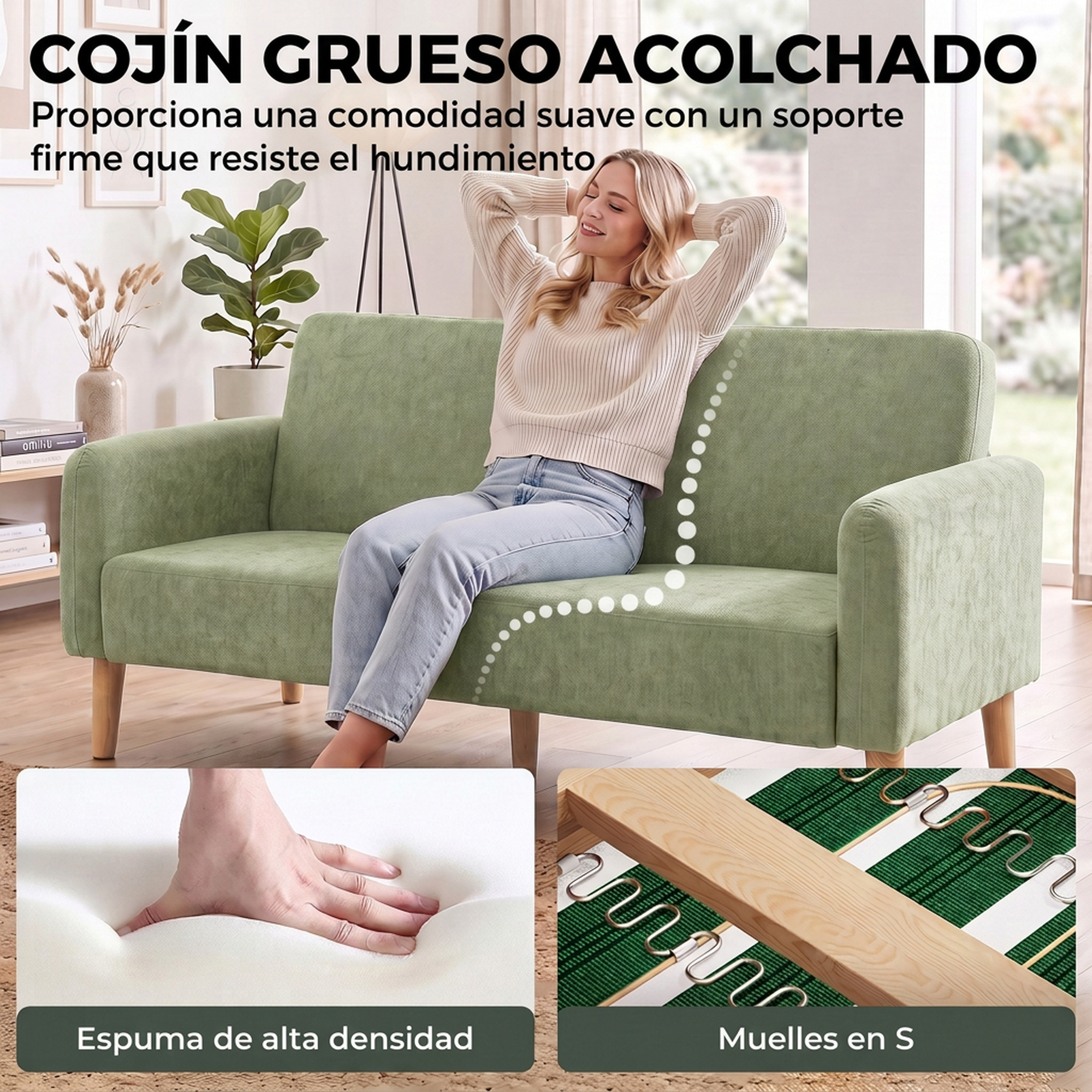 Una mujer se relaja en un sofá verde. Abajo se muestra espuma y muelles en S.