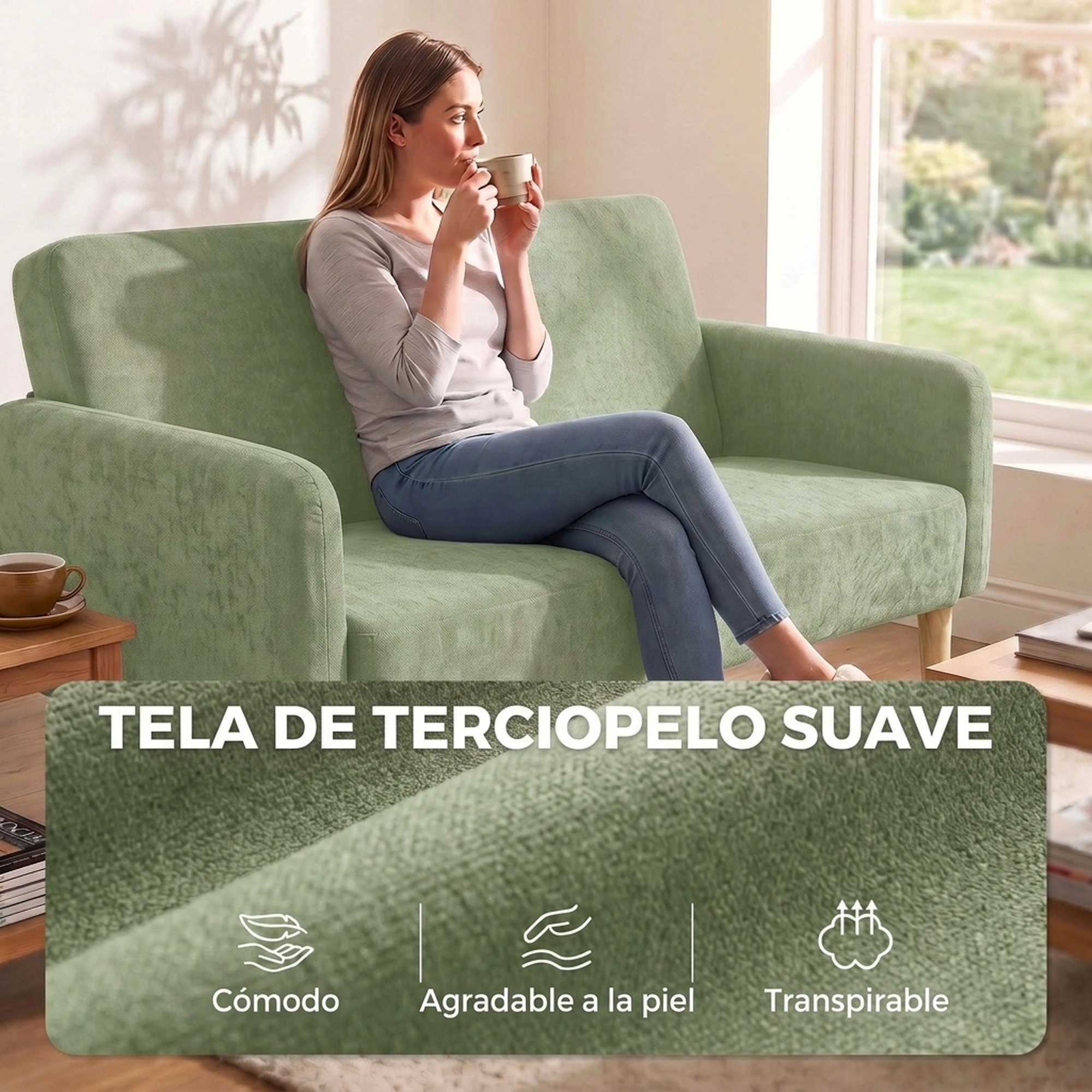 Una mujer se sienta en un sofá de terciopelo verde claro con una taza. Se muestra un primer plano de la tela.