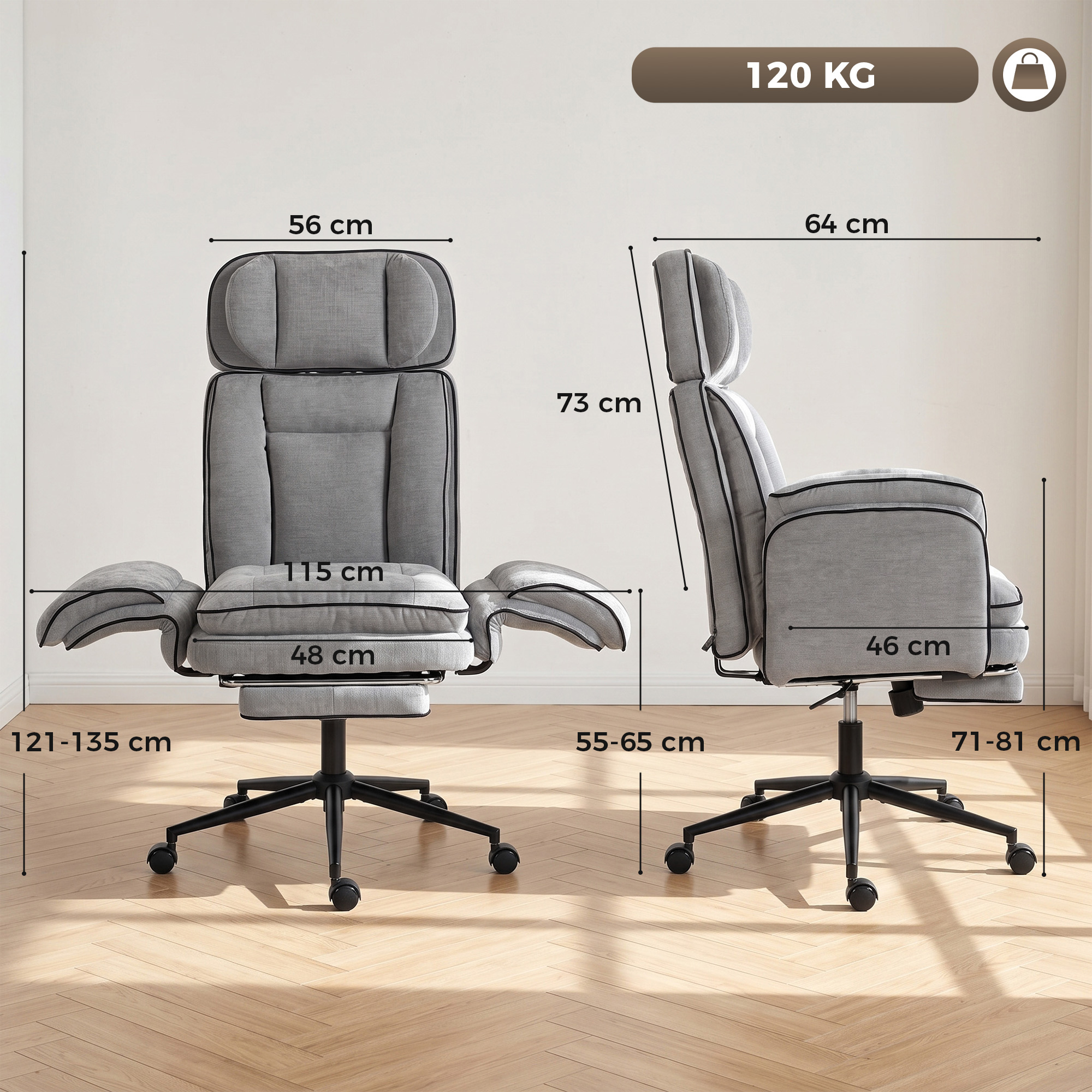 Silla de oficina gris con cotas de dimensiones mostradas de frente y de perfil.