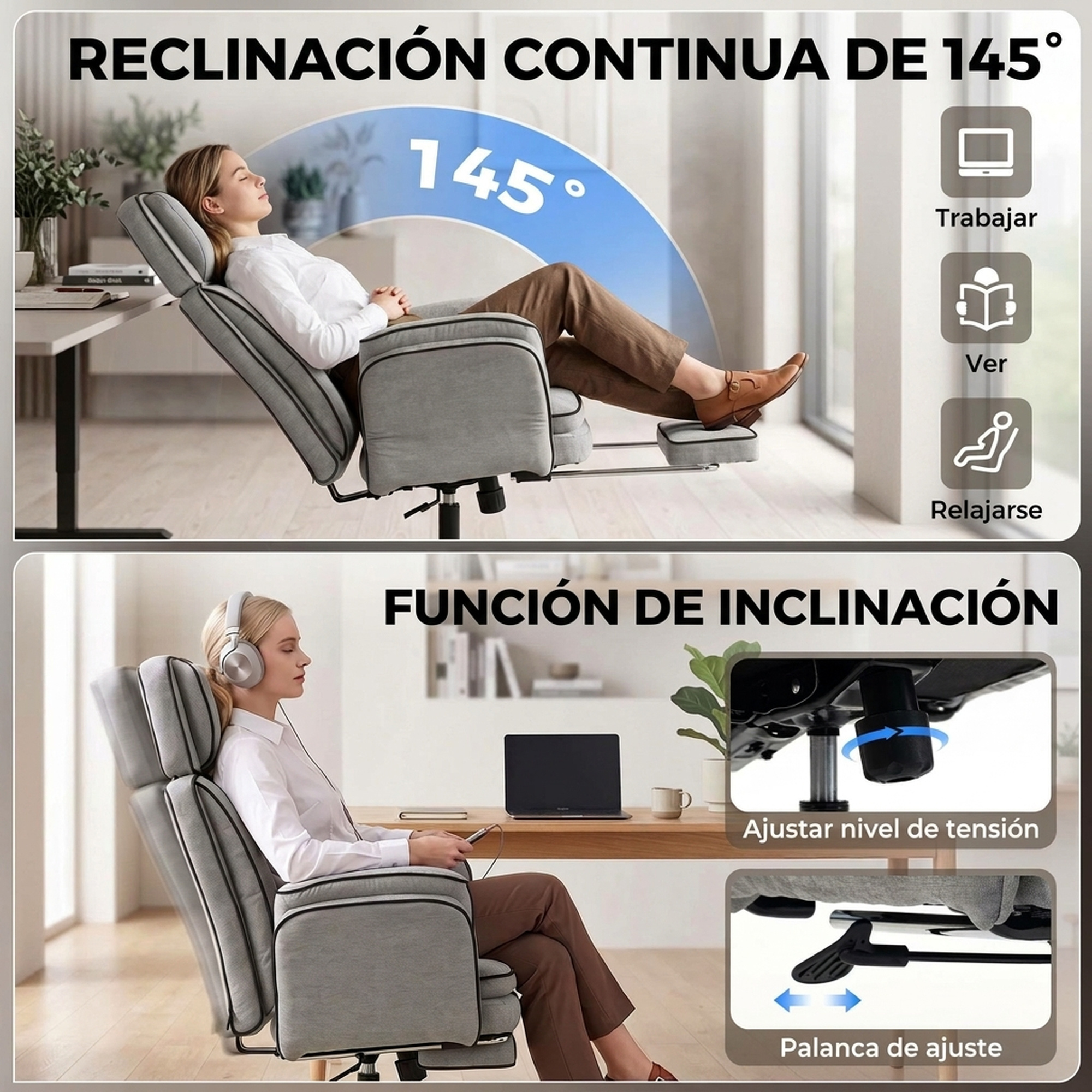 Una mujer descansa en una silla ajustable gris con reposapiés en una habitación luminosa.