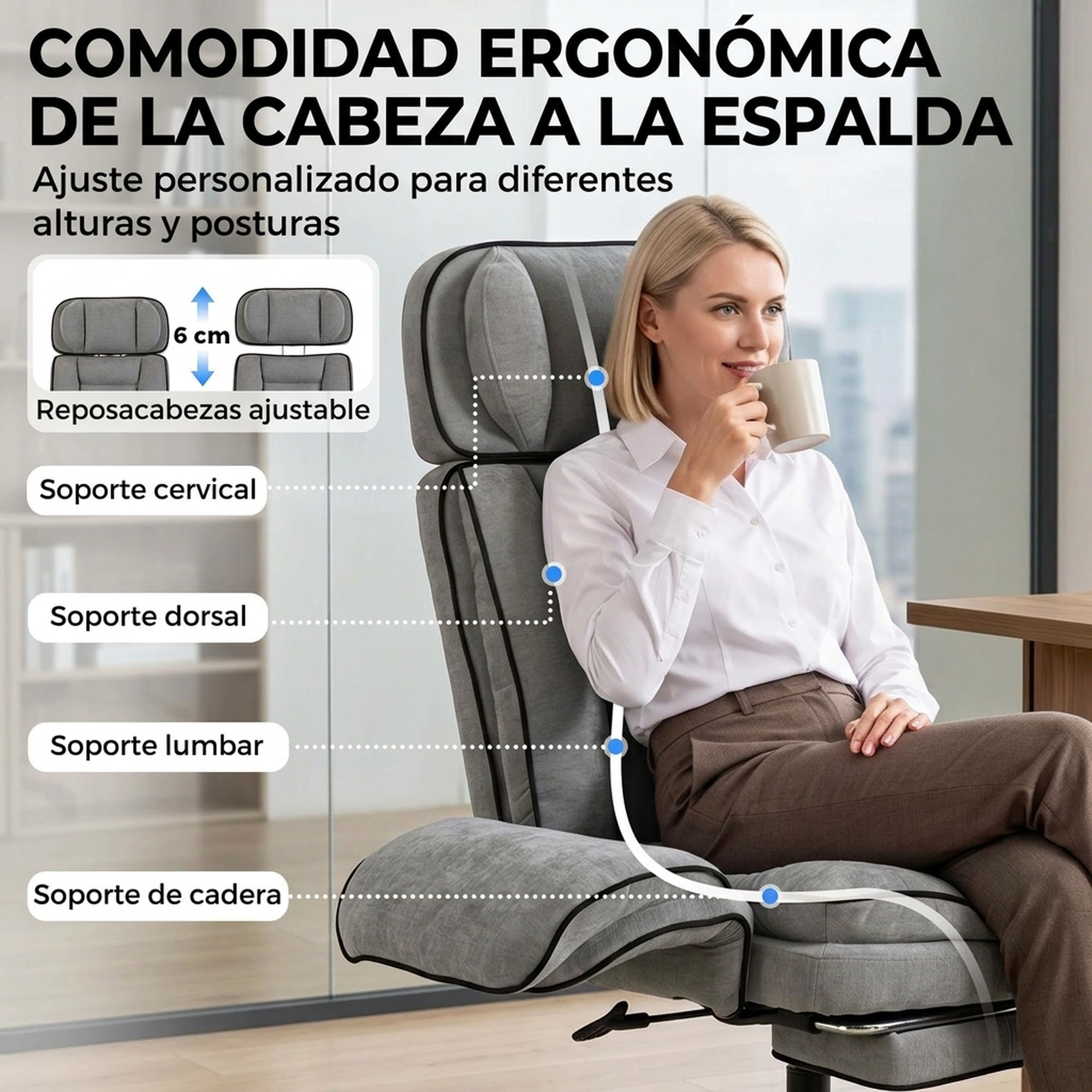Una mujer sonriente en una oficina, sentada en una silla gris ergonómica, bebe de una taza blanca con etiquetas.