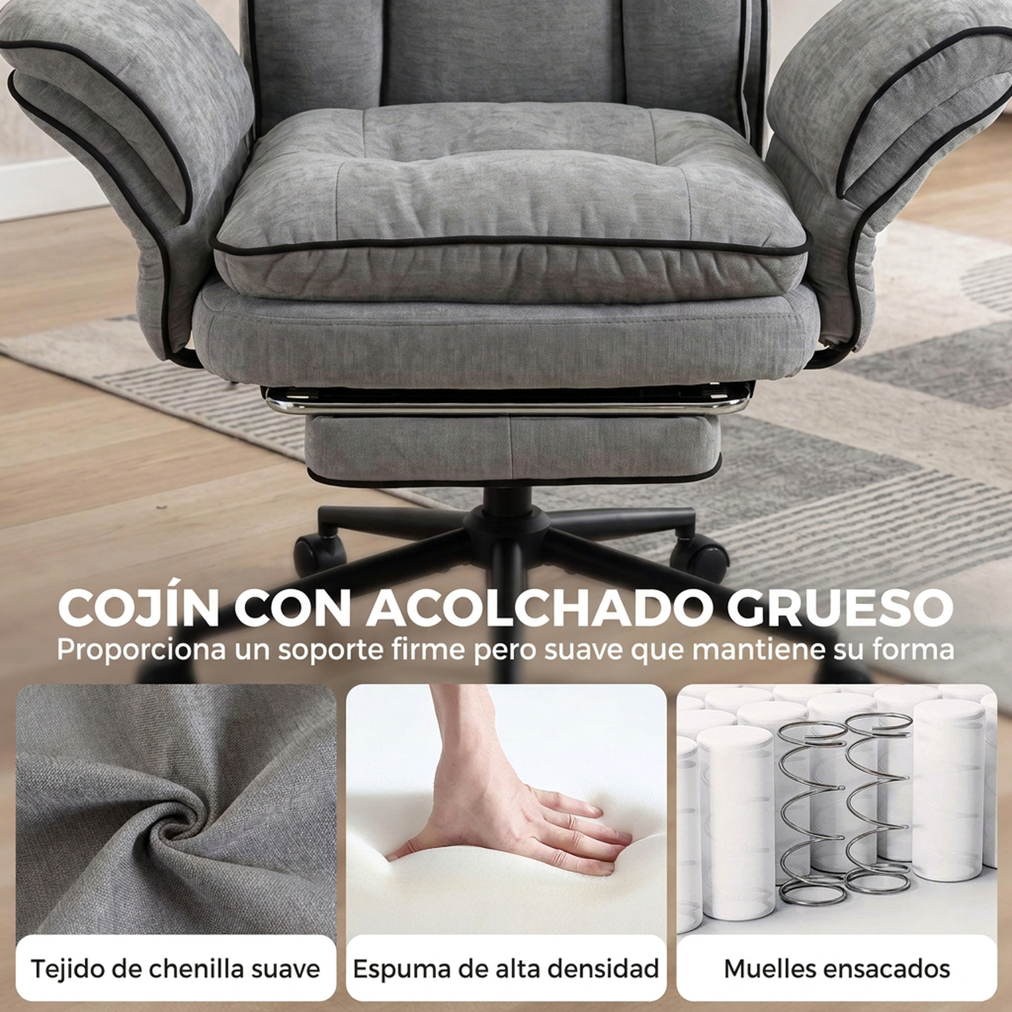 Silla de oficina gris con cojín grueso, tela de chenilla, espuma y resortes ensacados.