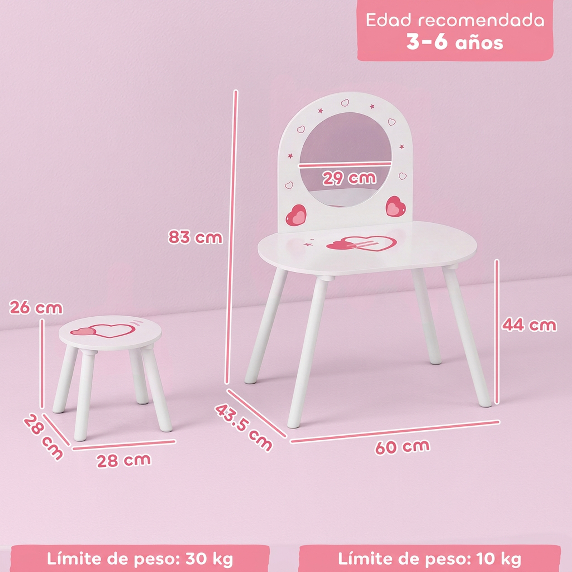 Tocador infantil de madera blanca con taburete, decorado con corazones y medidas, sobre fondo rosa.