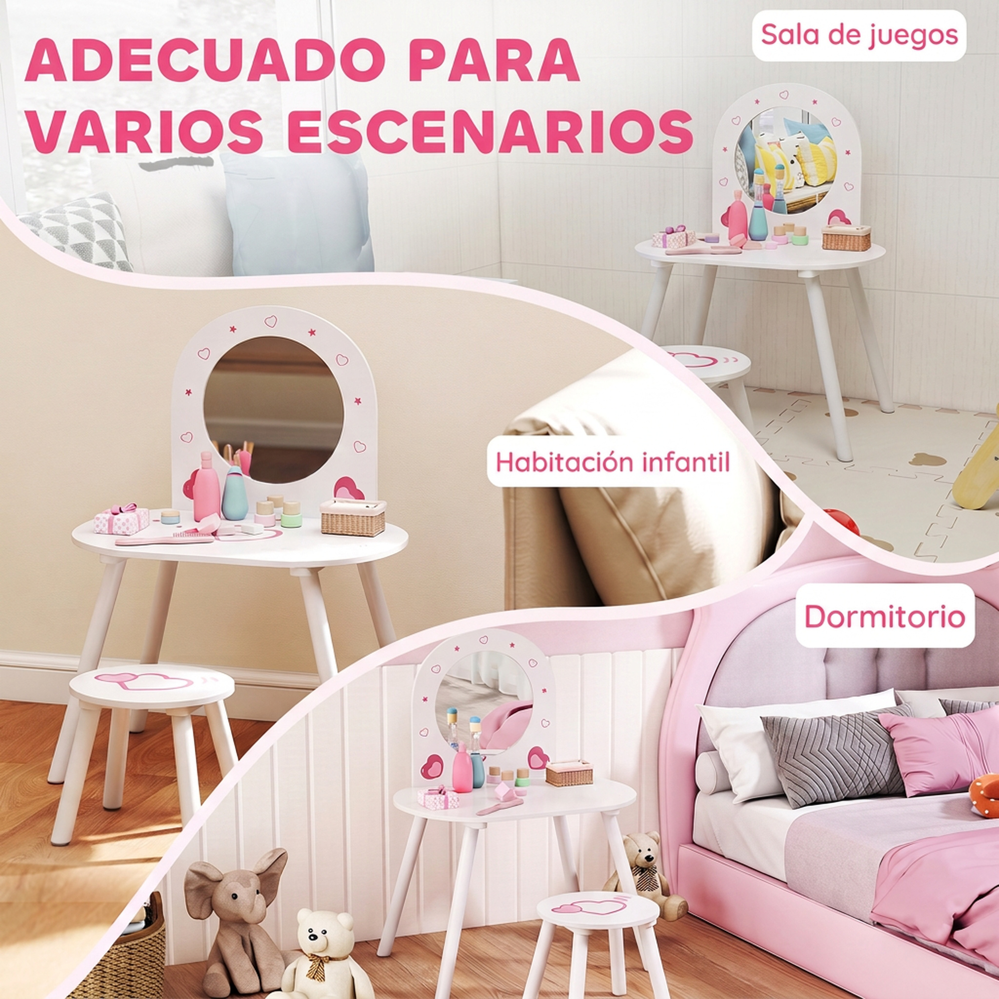Un tocador infantil blanco con espejo y taburete, ideal para varios escenarios como salas de juegos y dormitorios.