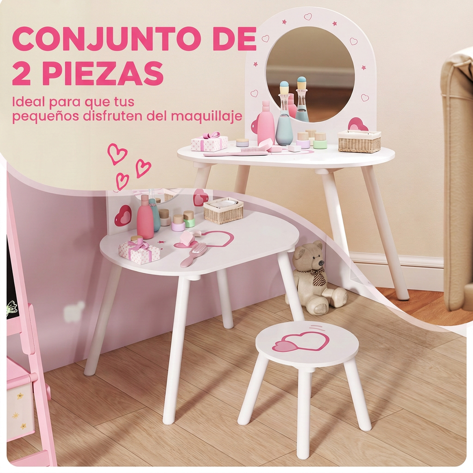 Tocador infantil de madera blanca con espejo, taburete, juguetes de maquillaje y osito.