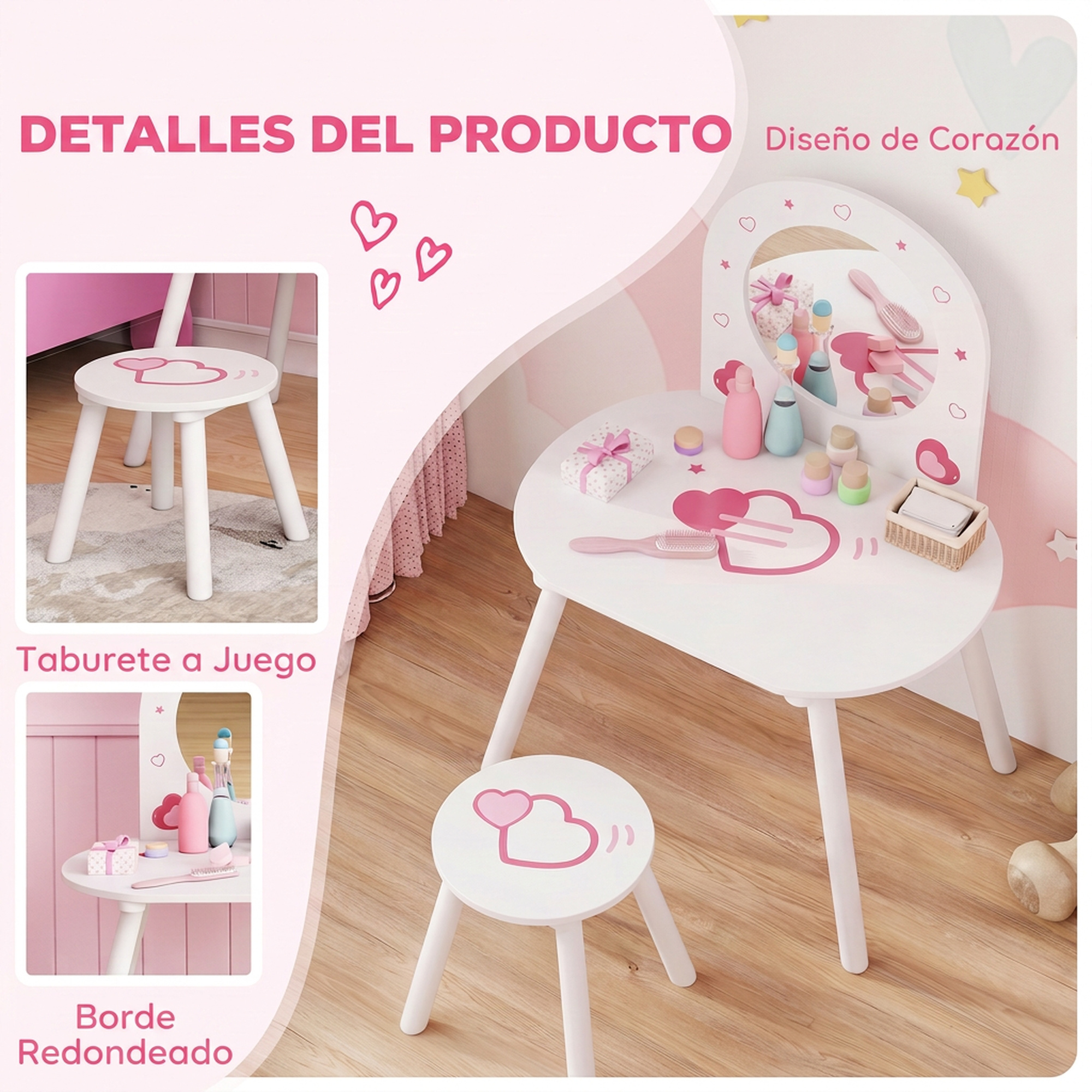 Tocador infantil de madera blanca con corazones, espejo, taburete y accesorios de juguete sobre suelo de madera.