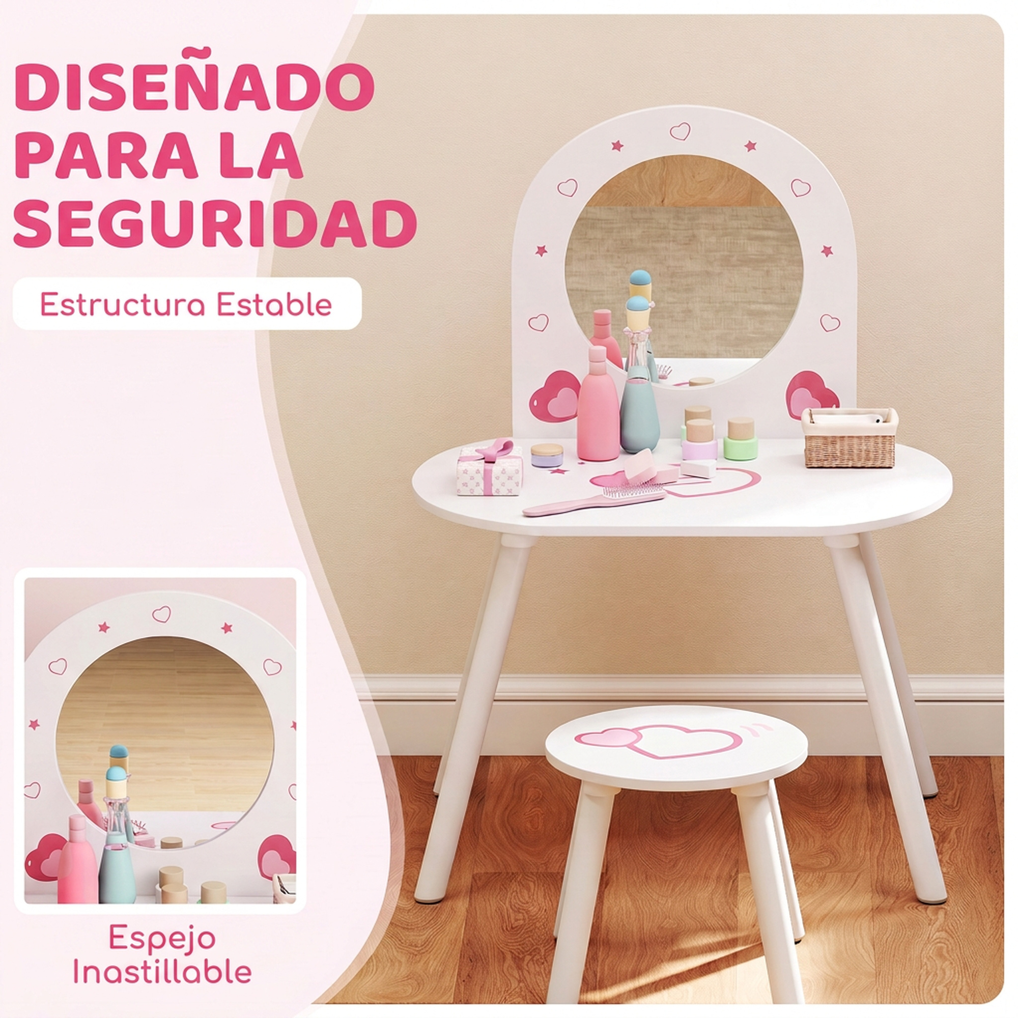 Tocador infantil de madera con espejo, taburete y accesorios ante una pared beige.