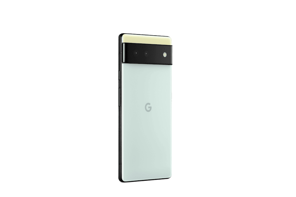 Vista trasera de un smartphone verde claro con barra de cámara negra y logo de Google sobre fondo blanco.