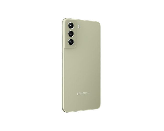 Un teléfono inteligente verde claro con tres cámaras verticales en la parte trasera y el logotipo de Samsung abajo.