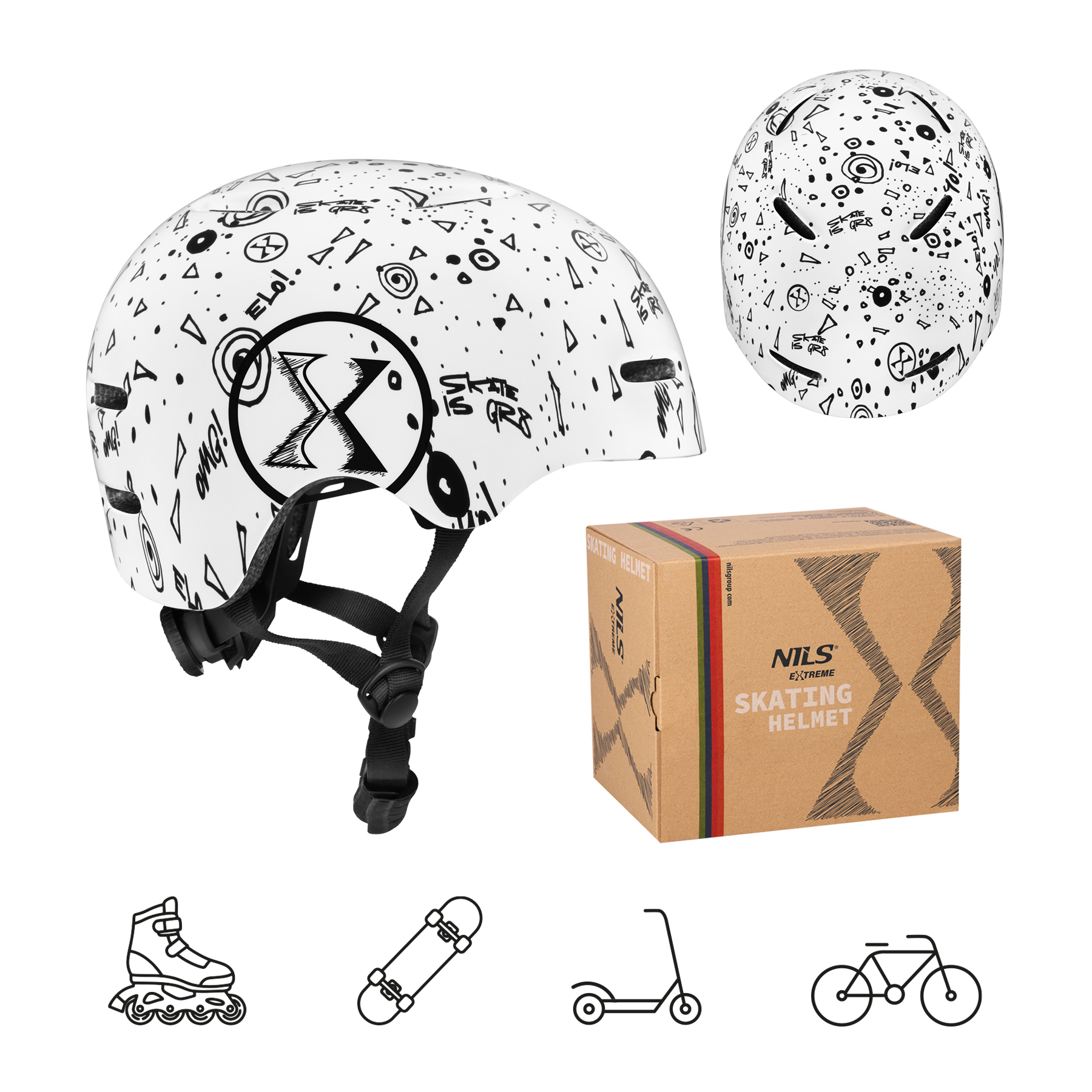 Biały kask skate z czarnym wzorem graffiti, pudełko oraz cztery dolne ikony przedstawiające rolki, deskorolkę, hulajnogę i rower.