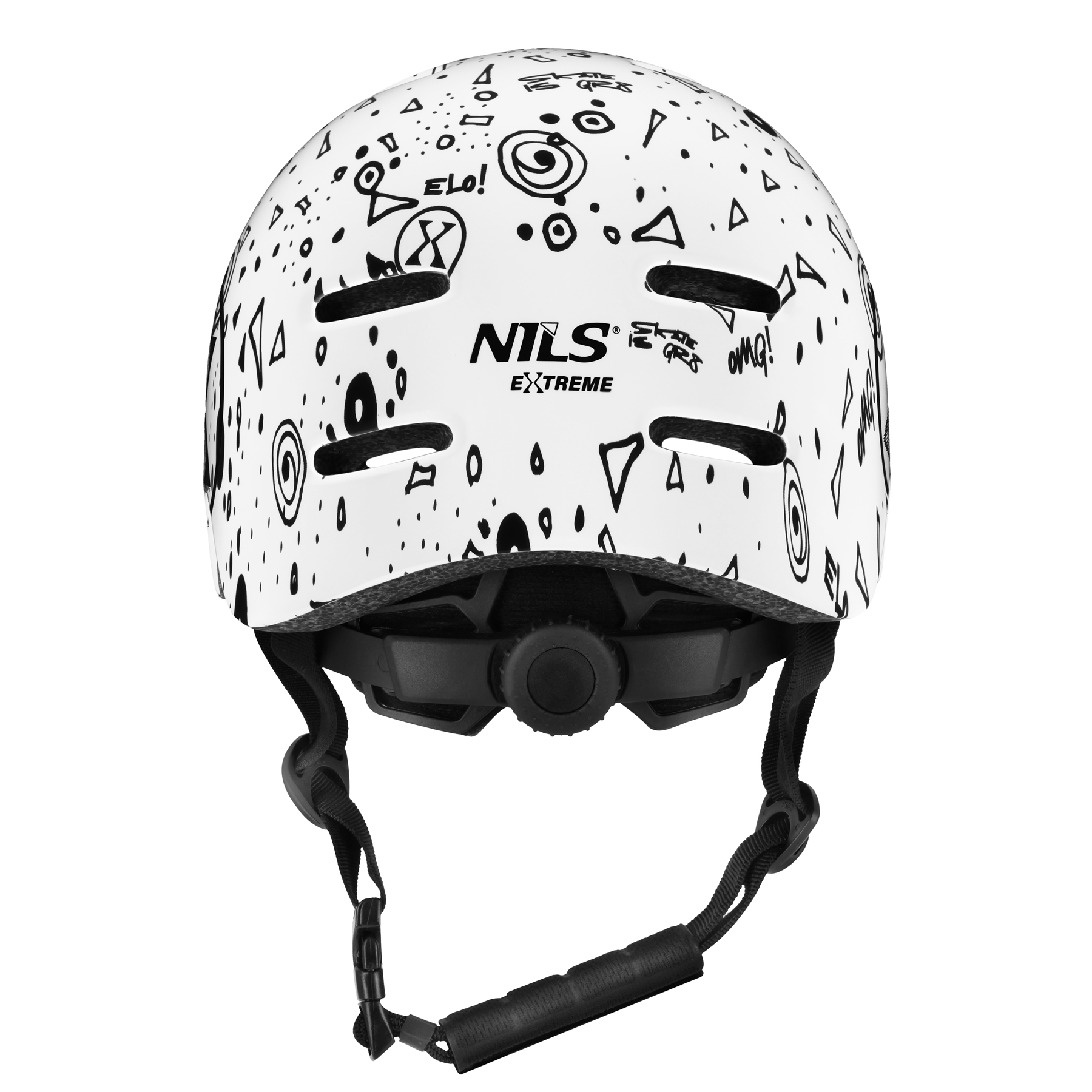 Biały kask skate z czarnymi abstrakcyjnymi wzorami, logo NILS Extreme i regulowanymi paskami.