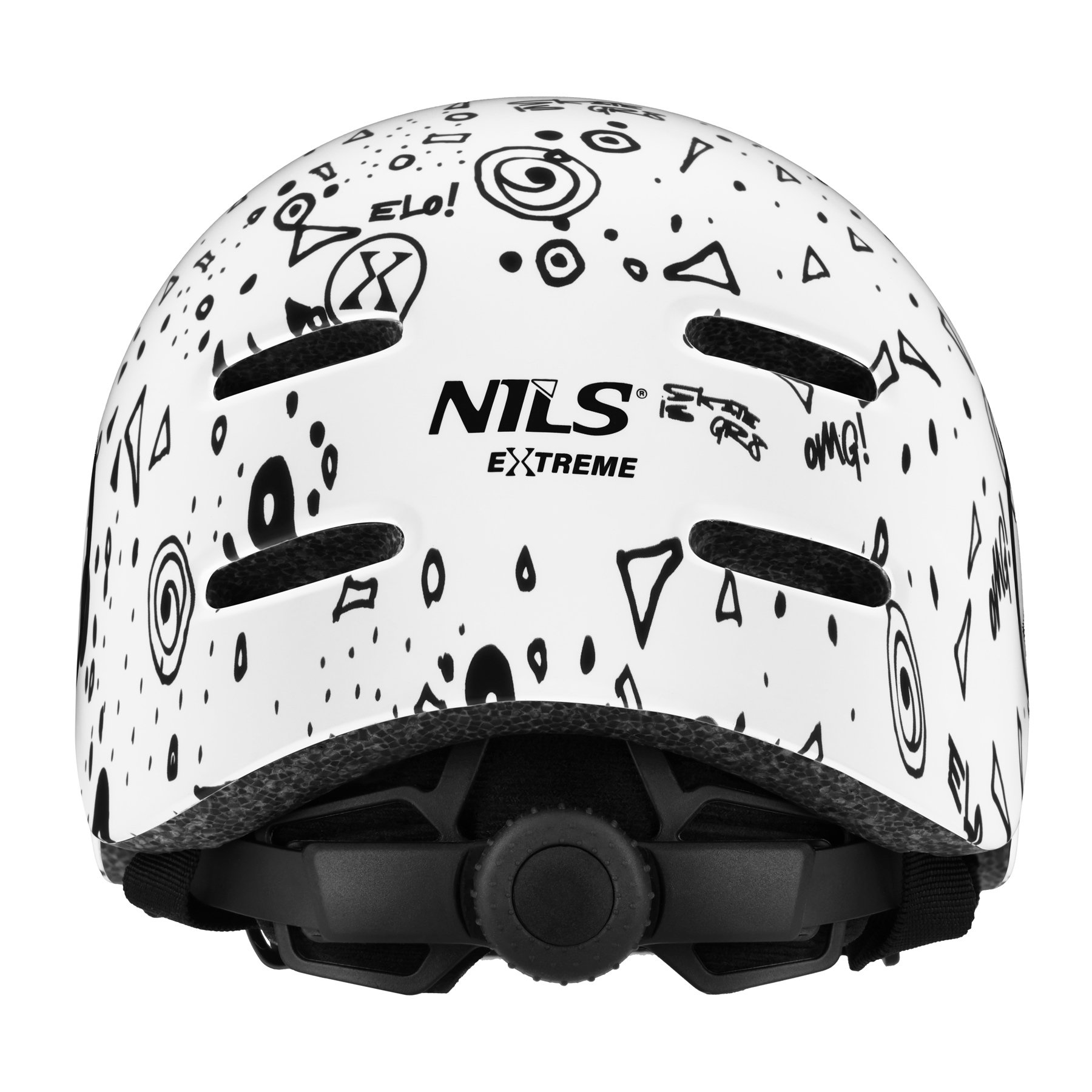 Biały kask skate Nils Extreme z czarnymi graffitiami, otworami wentylacyjnymi i pokrętłem regulacyjnym.