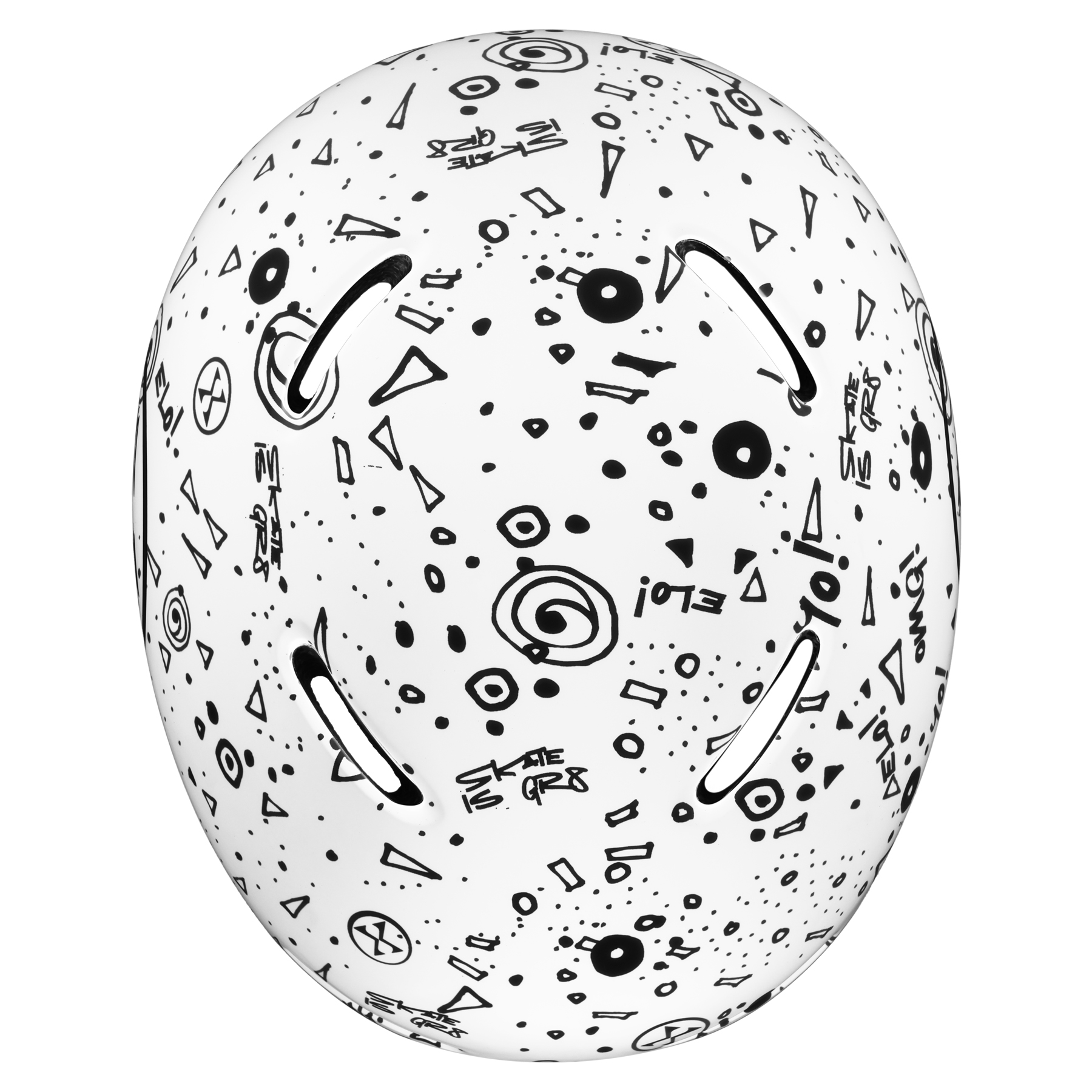 Biały kask deskorolkowy z czarnymi wzorami graffiti typu doodle i czterema otworami wentylacyjnymi na gładkim tle.