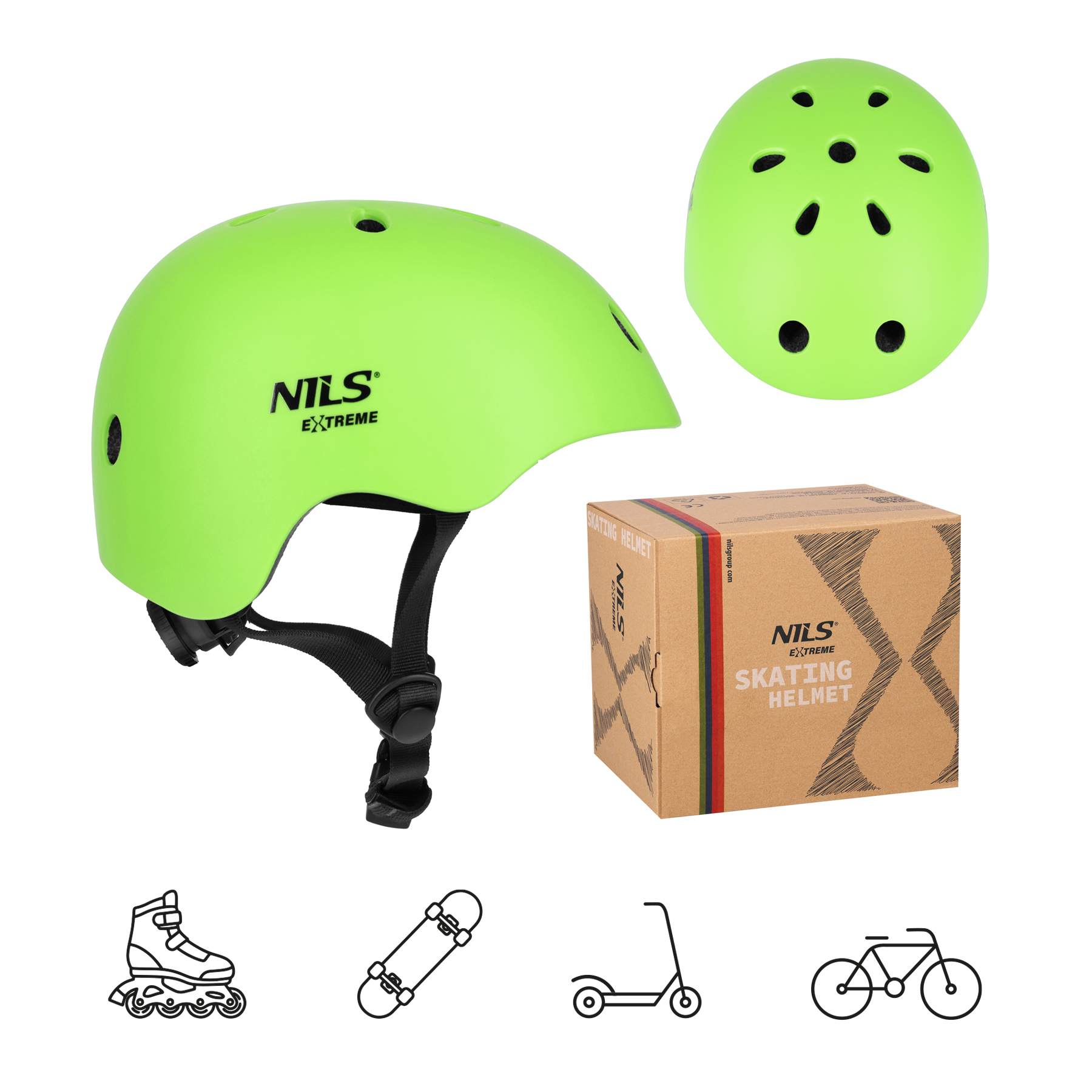 Neonowozielony kask Nils Extreme z pudełkiem oraz ikonami rolek, deskorolki, hulajnogi i roweru.