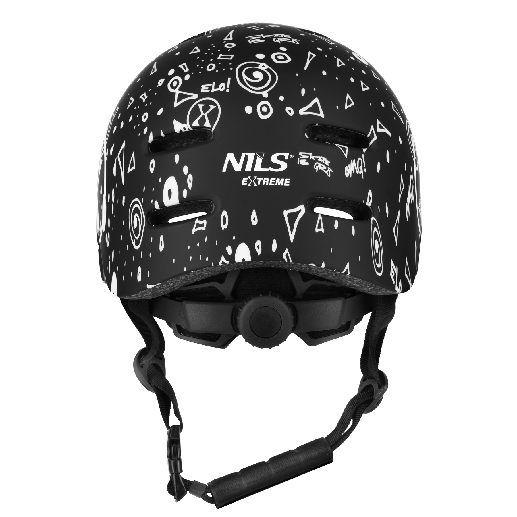 Czarny kask z białymi wzorami graffiti, szczelinami wentylacyjnymi i logo NILS EXTREME.