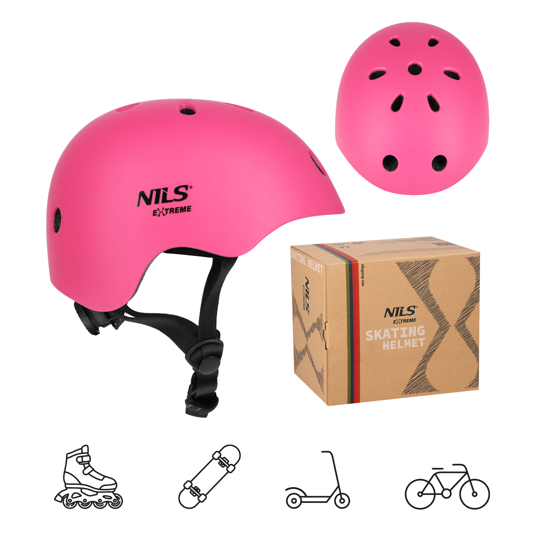 Różowy kask do jazdy na rolkach Nils Extreme z pudełkiem i ikonami sportowymi.