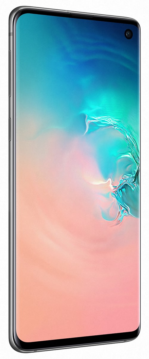Un teléfono inteligente muestra un fondo colorido y abstracto en rosa y azul con una cámara frontal arriba a la derecha.