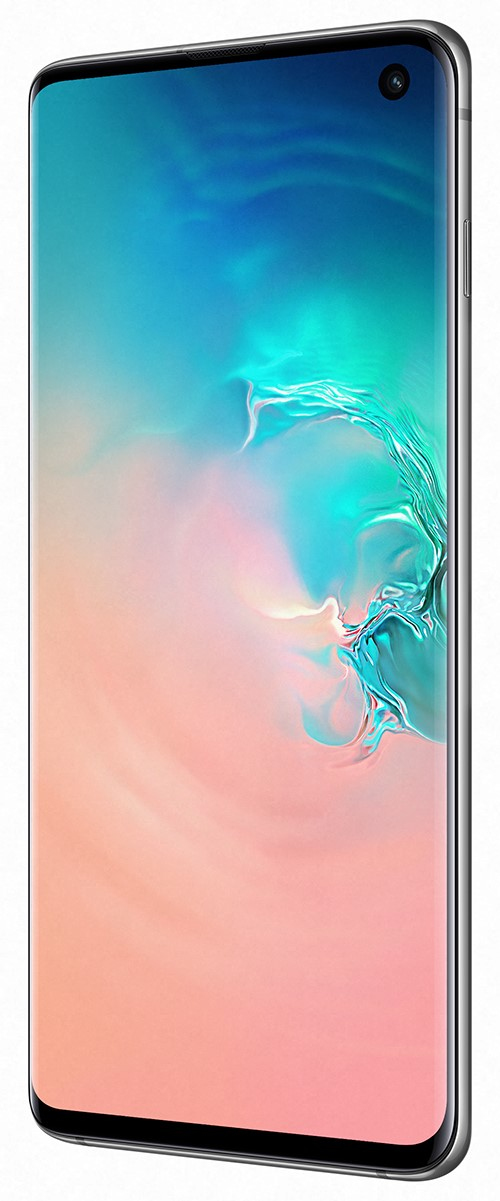 Un smartphone en orientación vertical con pantalla curva muestra un fondo abstracto azul y rosa.