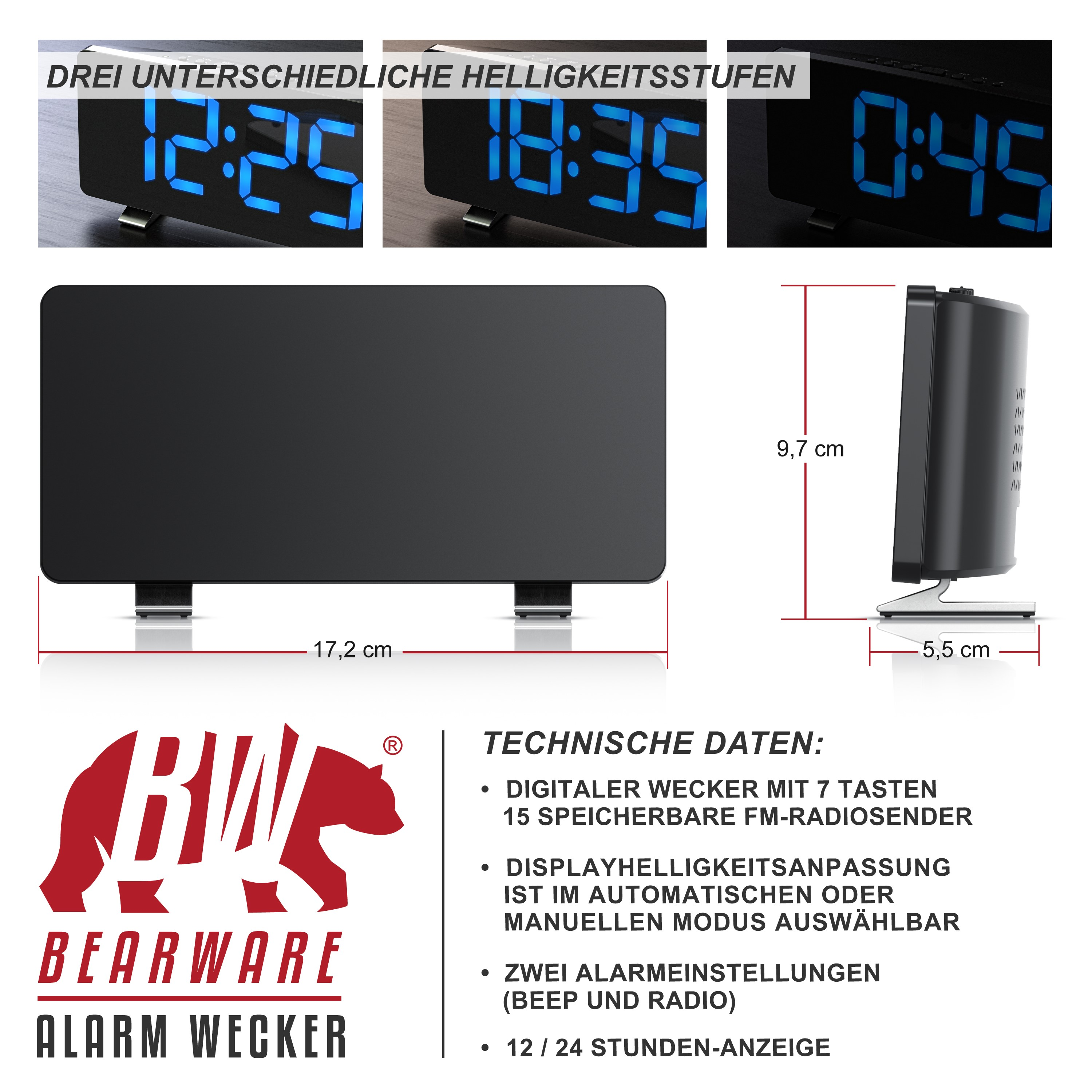 Technische Daten und Maße eines digitalen Bware Weckers mit blauem Display in drei Helligkeitsstufen.