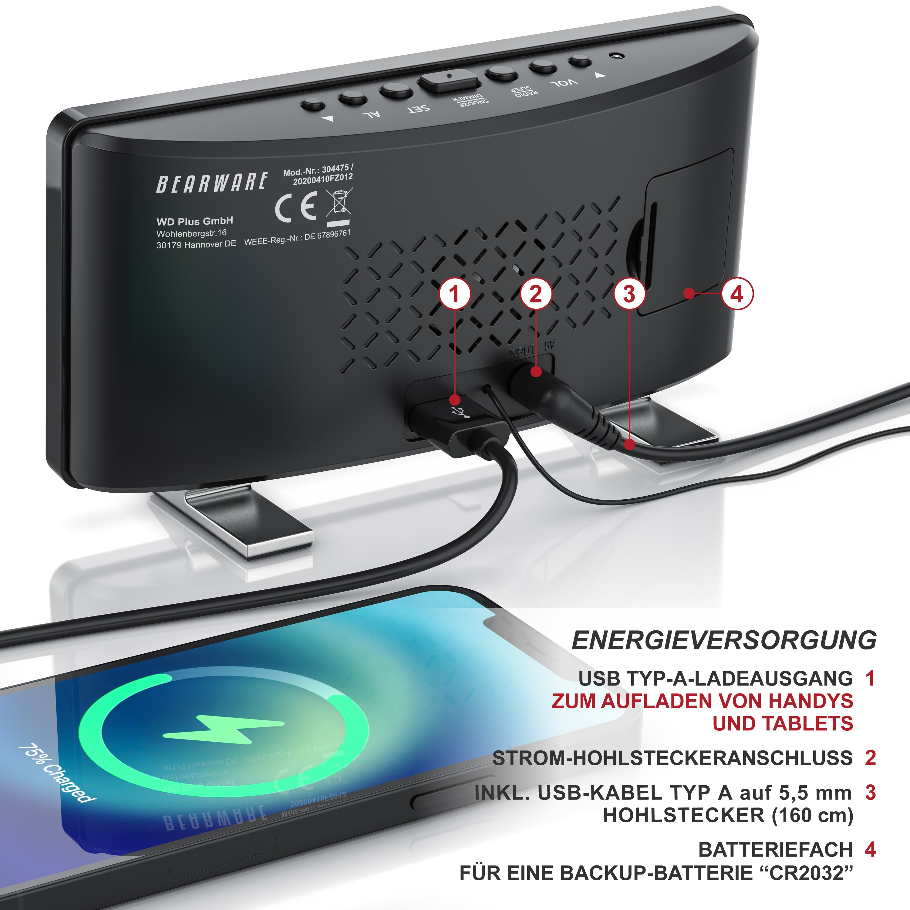 Rückseite einer schwarzen Bearware-Digitaluhr mit USB-Anschluss, Stromkabel und Smartphone.