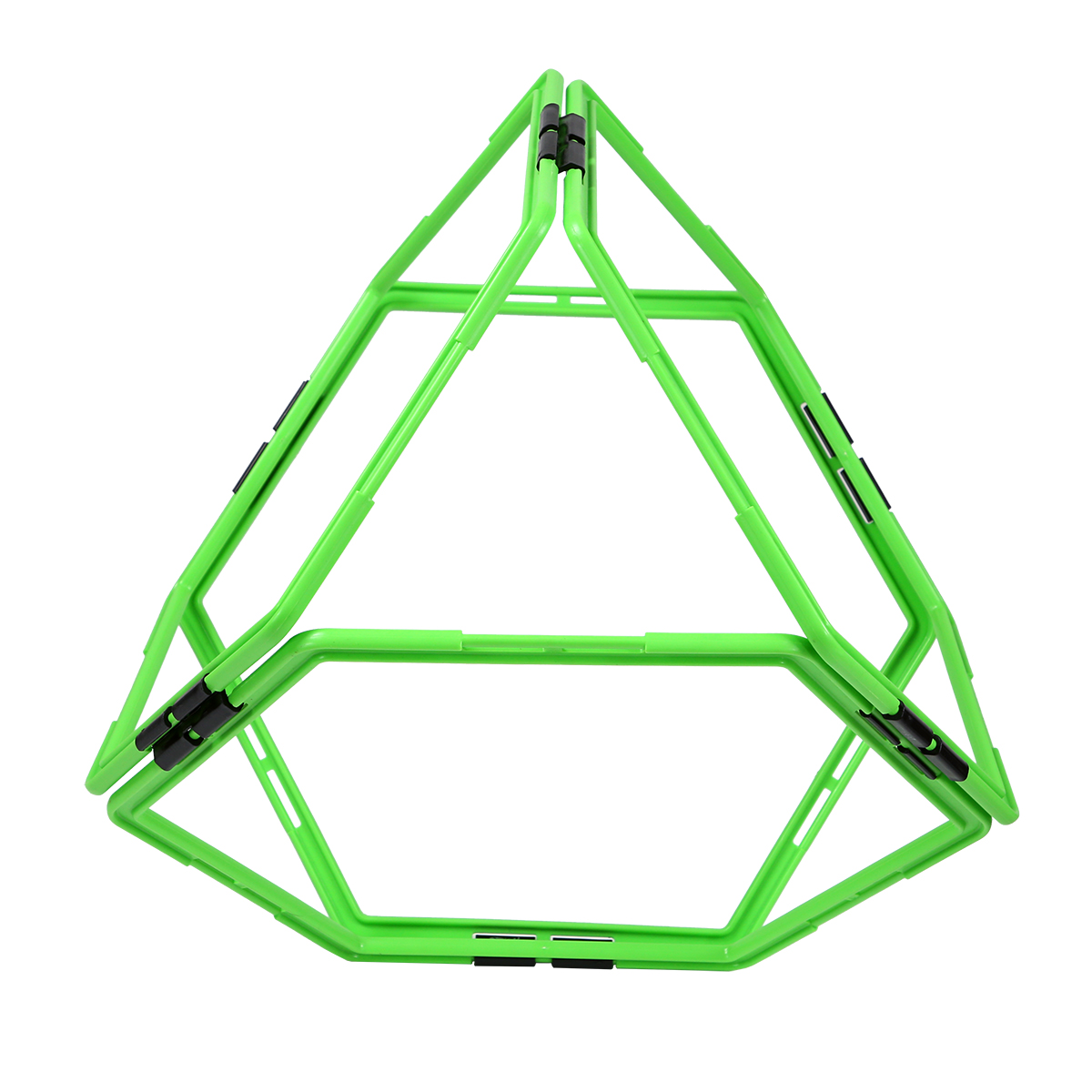 Geometryczny model szkieletowy zielonej piramidy z czarnymi klipsami na białym tle.