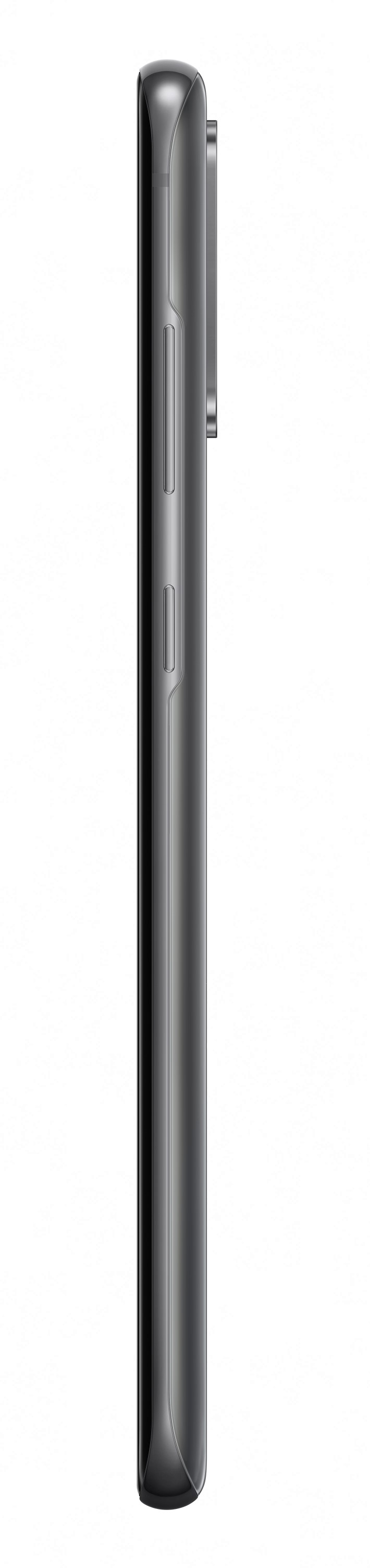Seitenansicht eines modernen schwarzen Smartphones mit seitlichen Tasten und Kameramodul auf einem weißen Hintergrund.