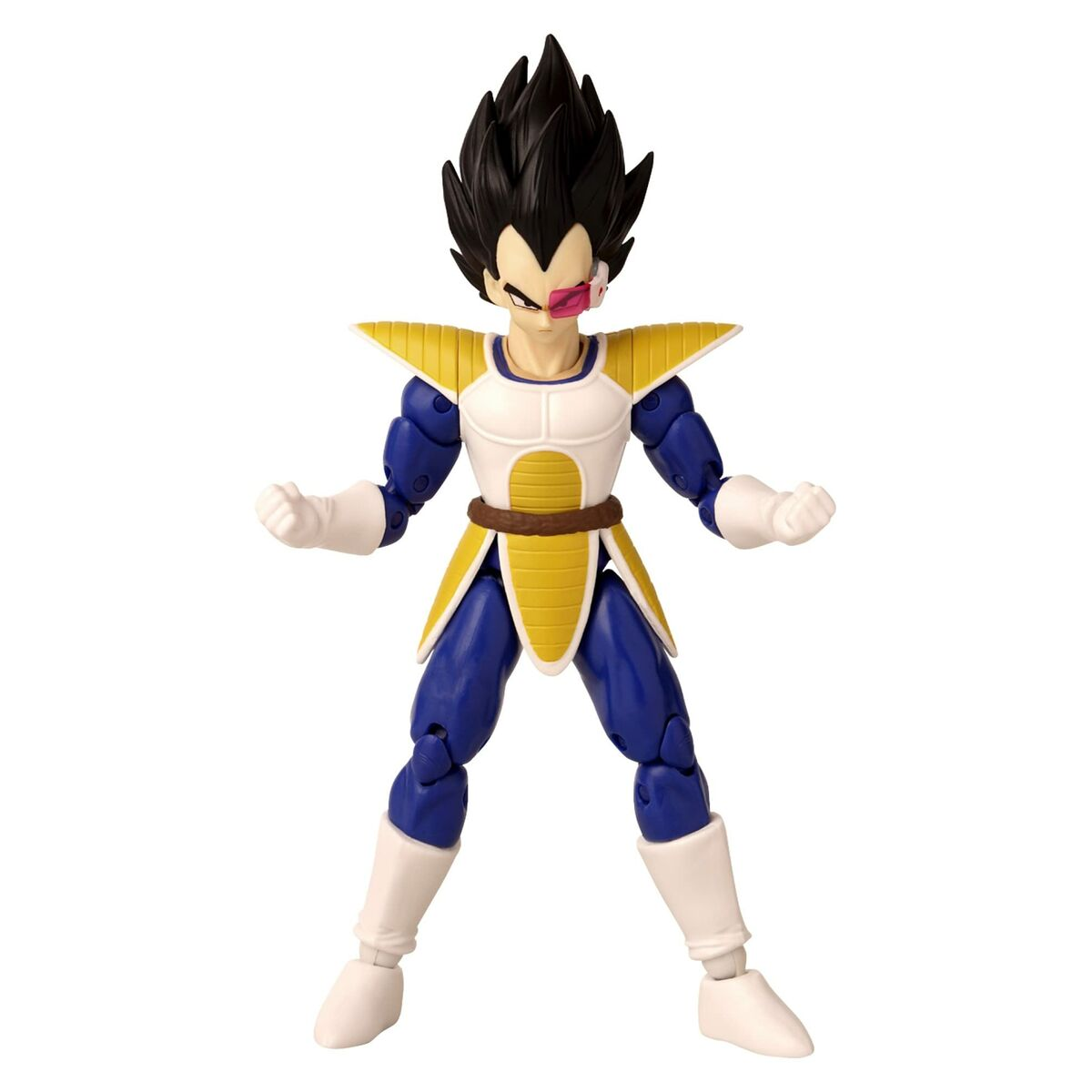 Figurka akcji Vegety w niebieskiej zbroi z żółtymi naramiennikami, białym napierśnikiem i czerwonym skuterem.
