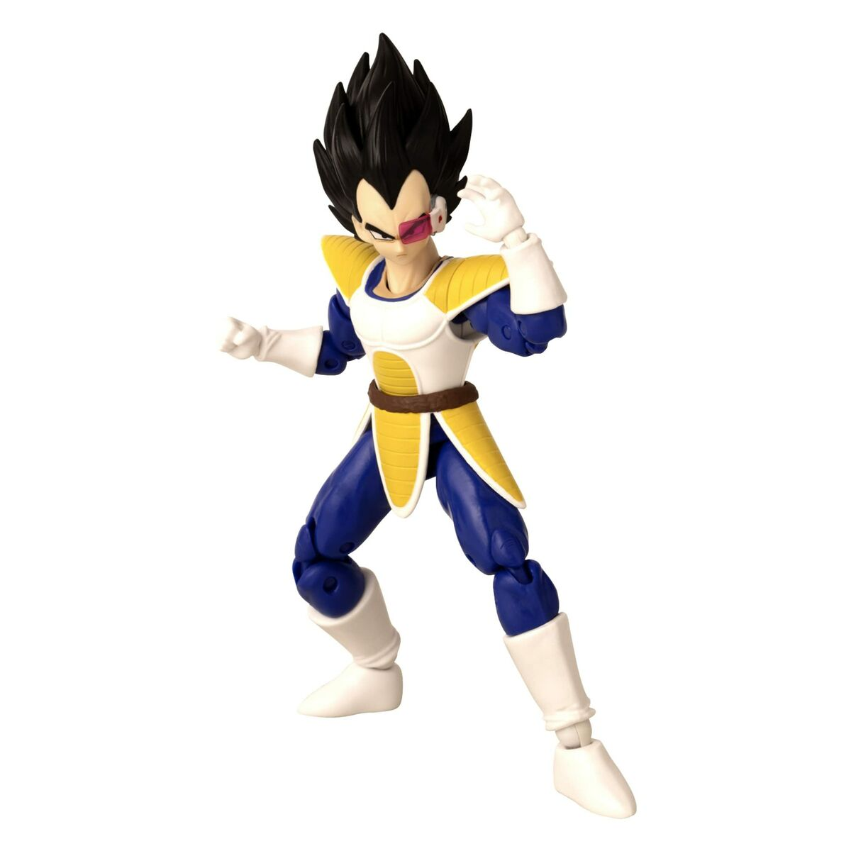 Figurka akcji Vegety w niebieskiej zbroi, żółtych naramiennikach i ze skanerem na białym tle.