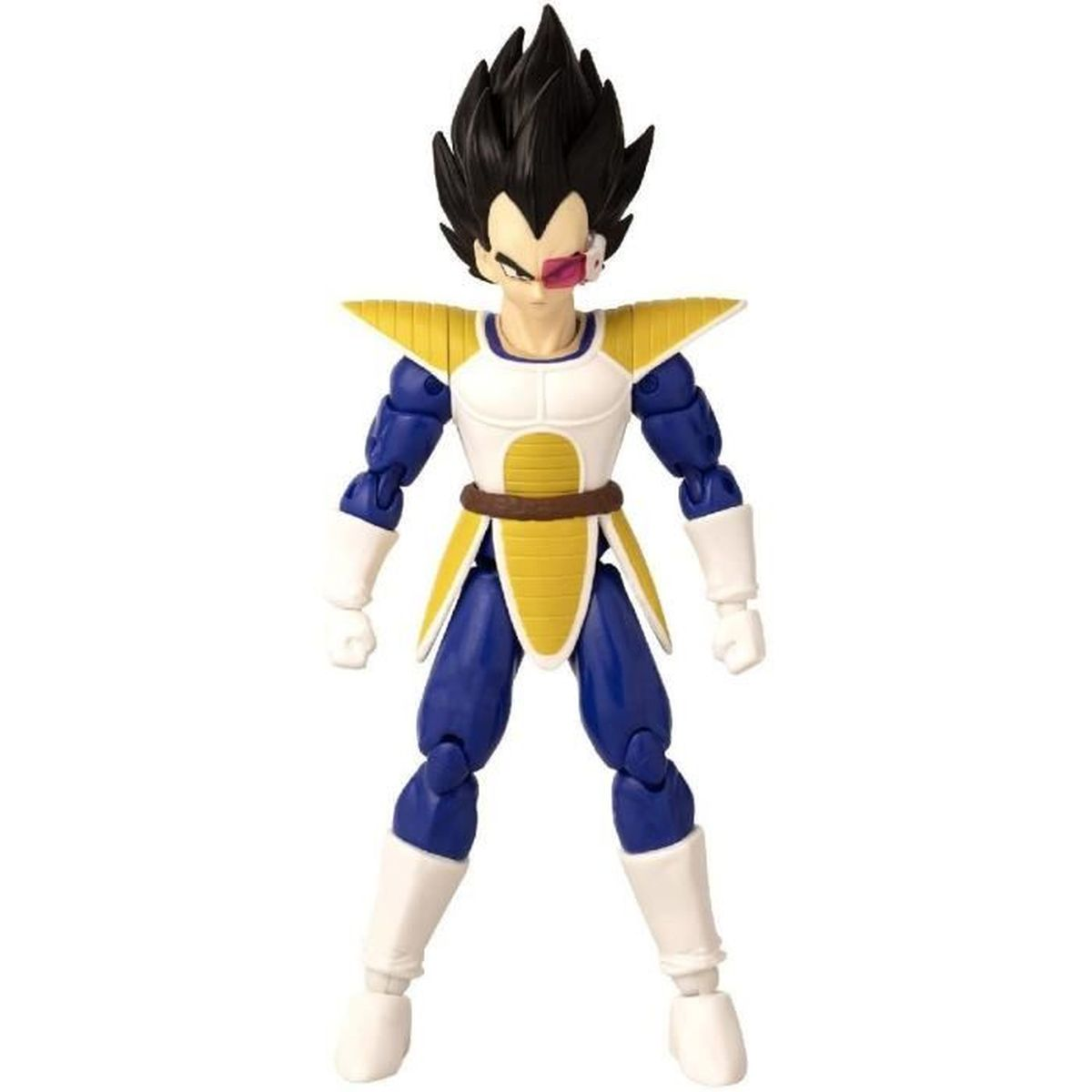Figurka akcji Vegety w niebiesko-białej zbroi z kolczastymi czarnymi włosami i skanerem.