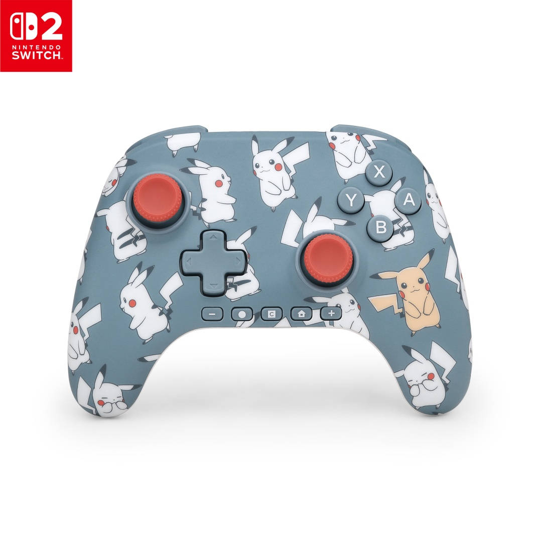 Szary kontroler Nintendo Switch 2 z wzorem Pikachu i czerwonymi joystickami.