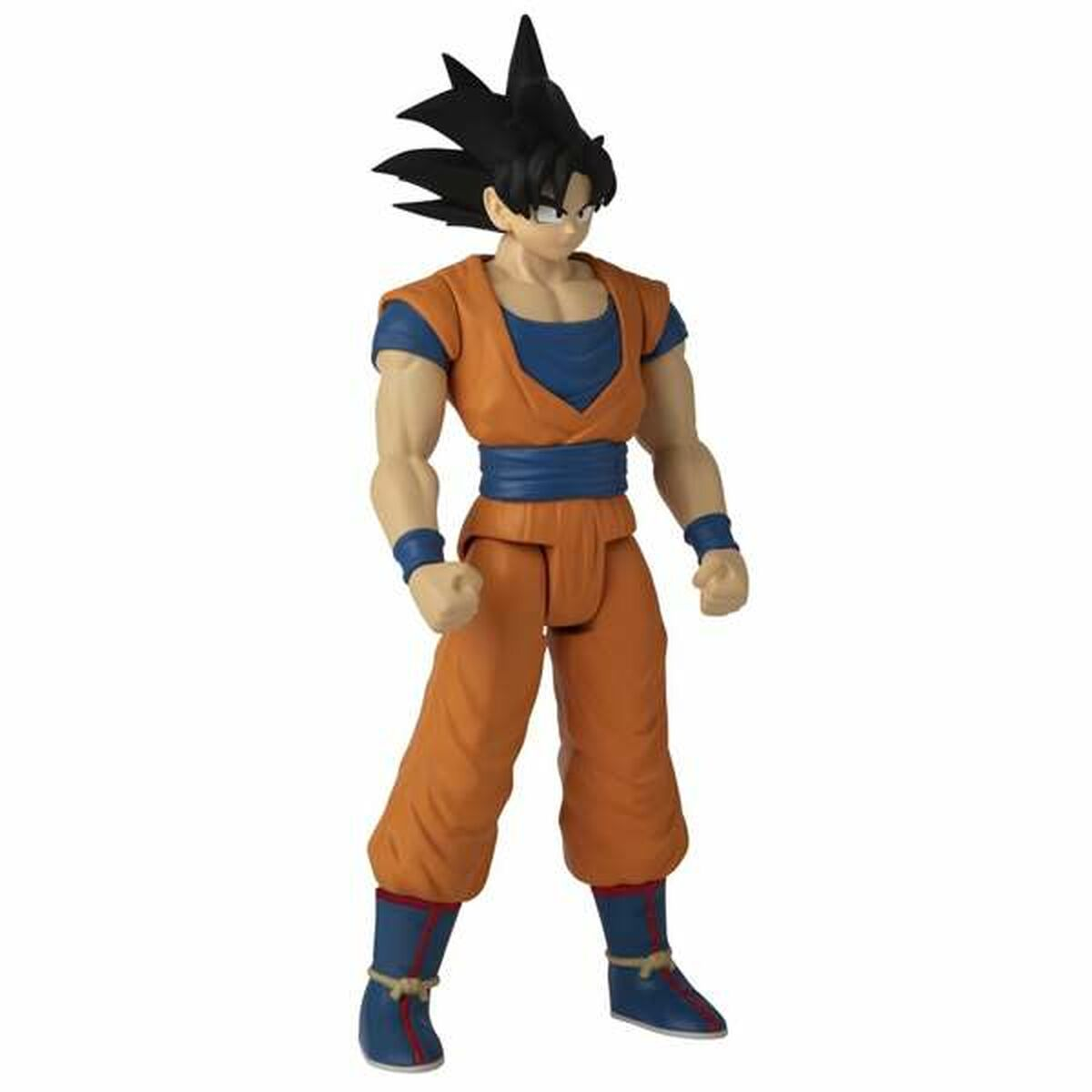 Figurka akcji Son Goku w pomarańczowo-niebieskim stroju z czarnymi włosami na białym tle.