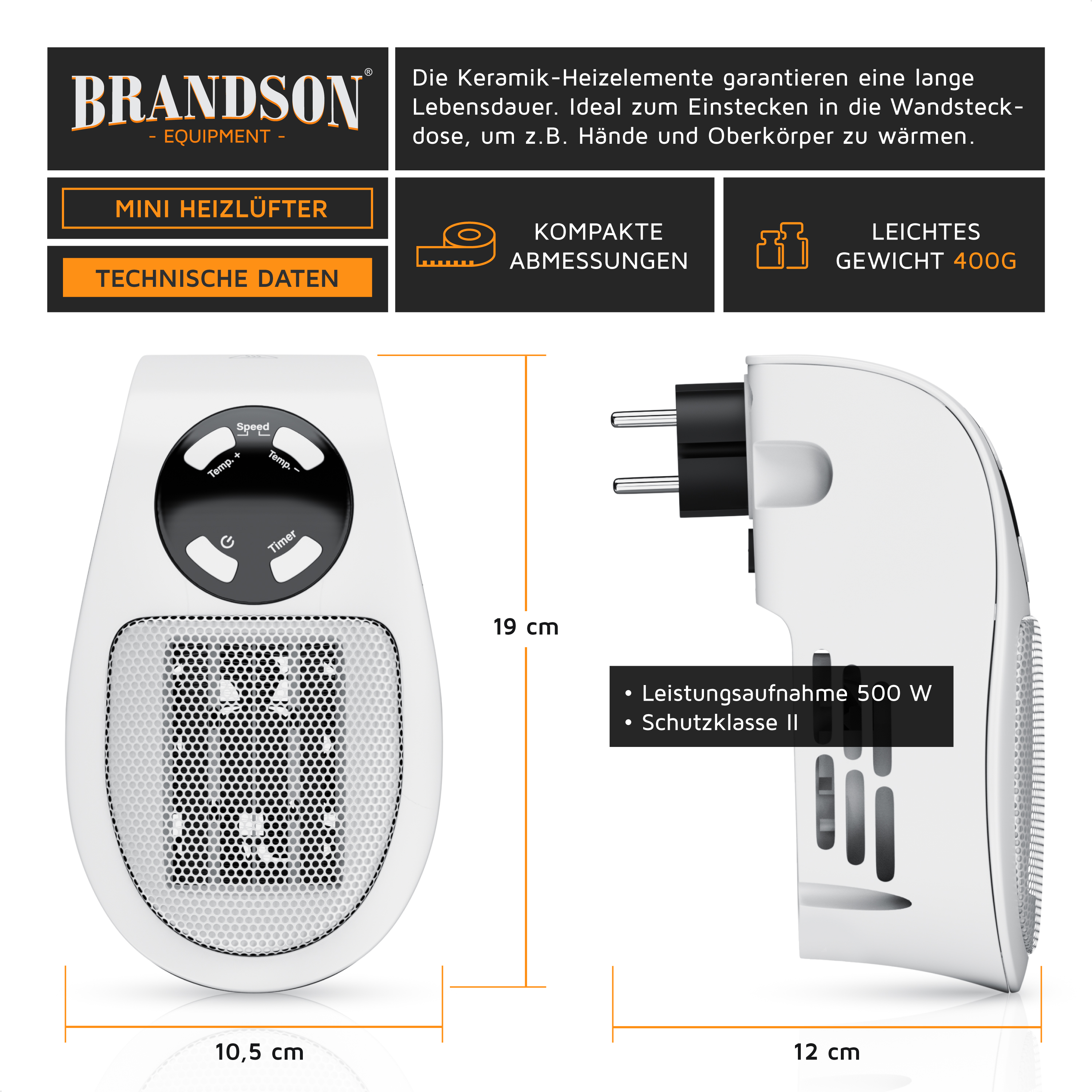 Technische Zeichnung eines Brandson Mini-Heizlüfters mit Maßen, Gewicht und technischen Daten.