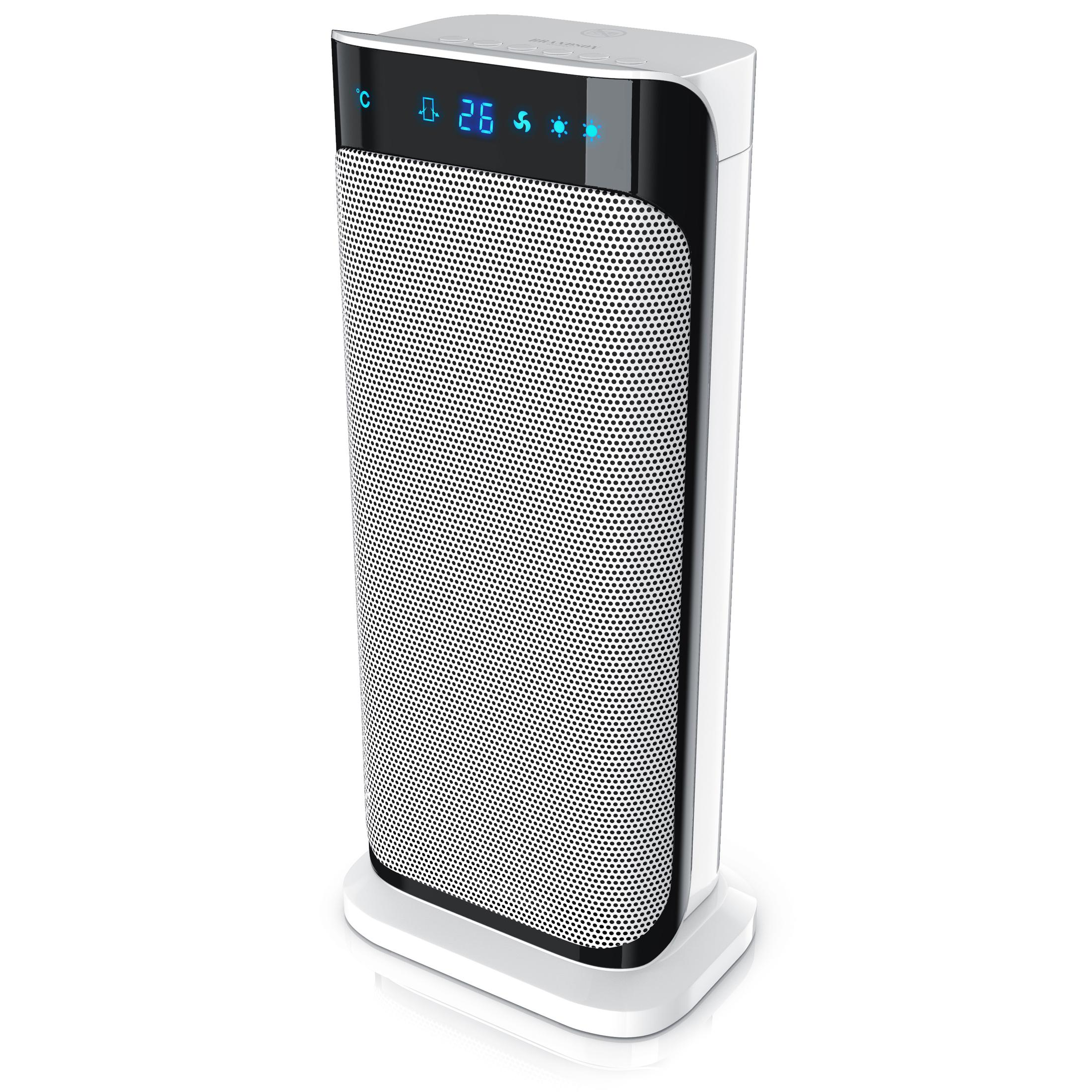Ein weißer Turmventilator mit schwarzer Bedienblende und blauem LED-Display auf einem runden Fuß.